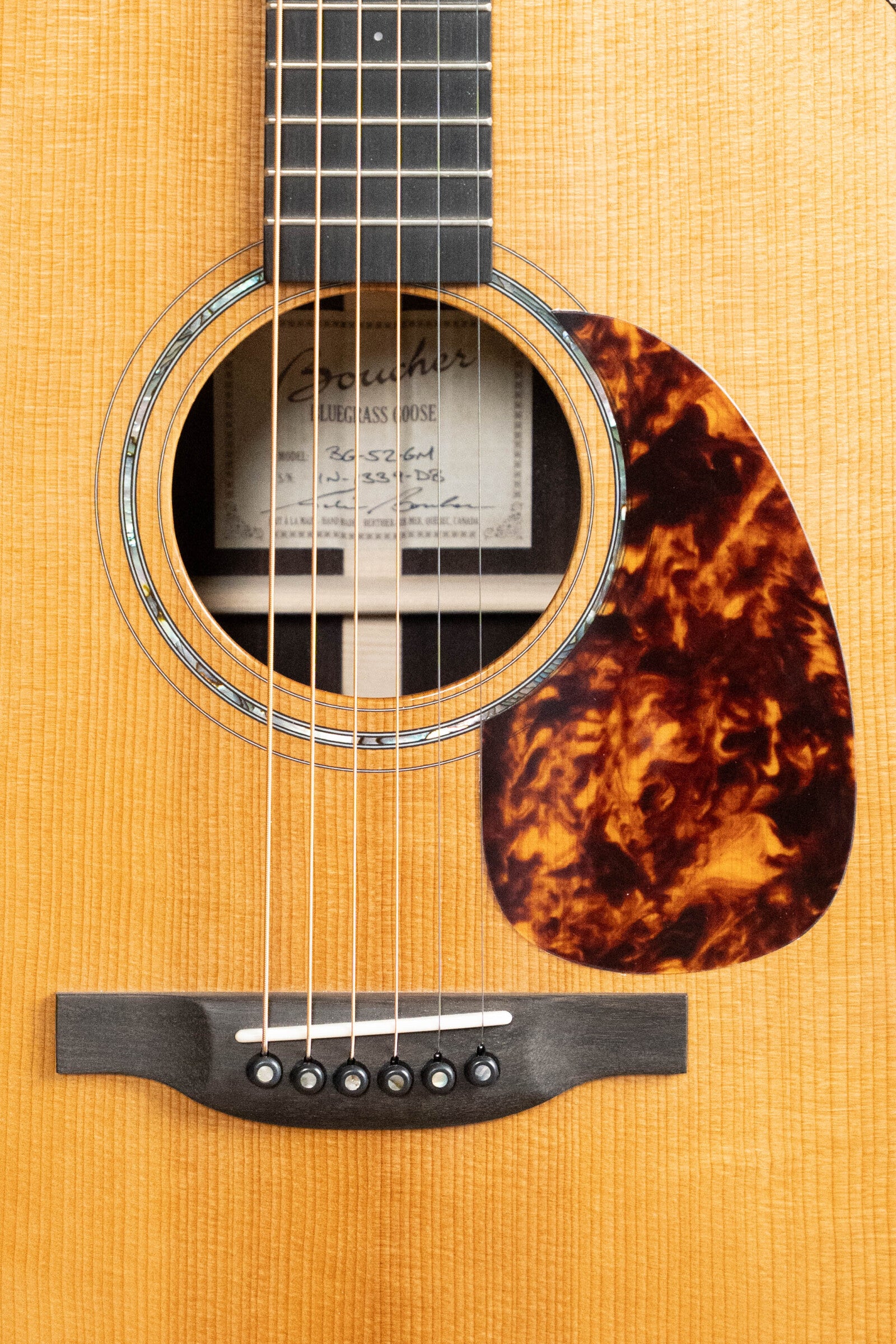 Close-up of a *Dread-Not Certified Used* Boucher BG-52-GM Dreadnought by Boucher Guitars, highlighting the sound hole, six strings, tortoiseshell pickguard, wooden bridge with white pins, and premium Adirondack Red Spruce/East Indian Rosewood build.