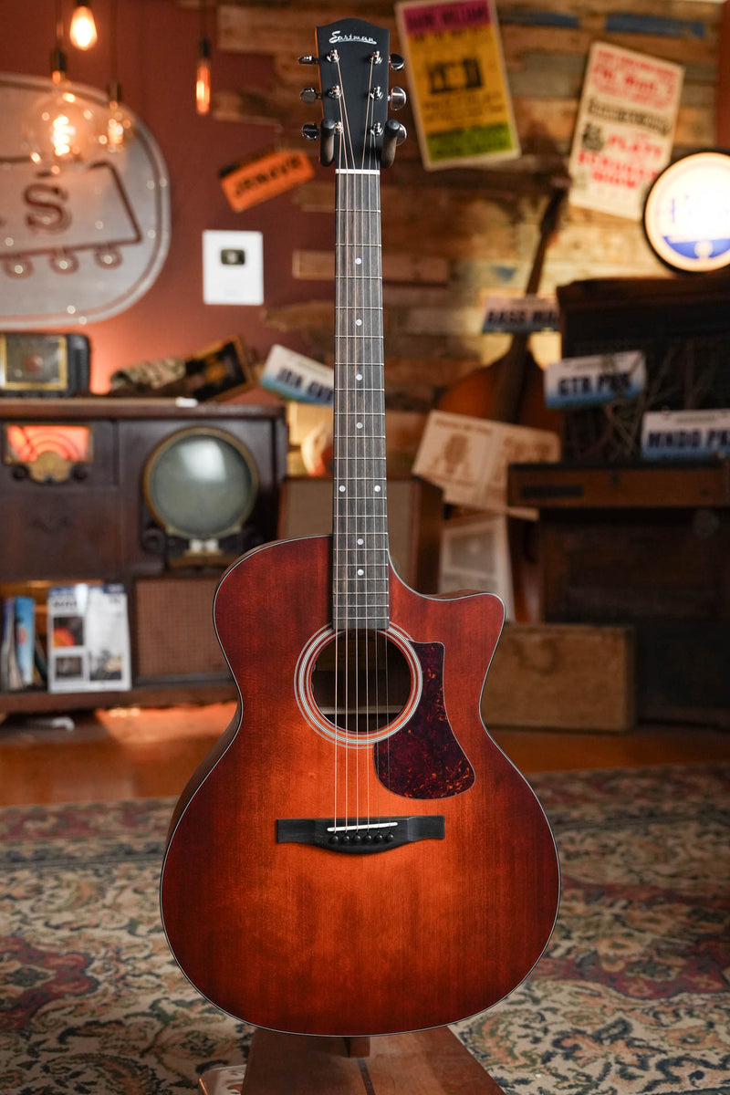 Eastman AC122-1CE-CLA Grand Auditorium Cutaway, front view, classic sunburst finish.