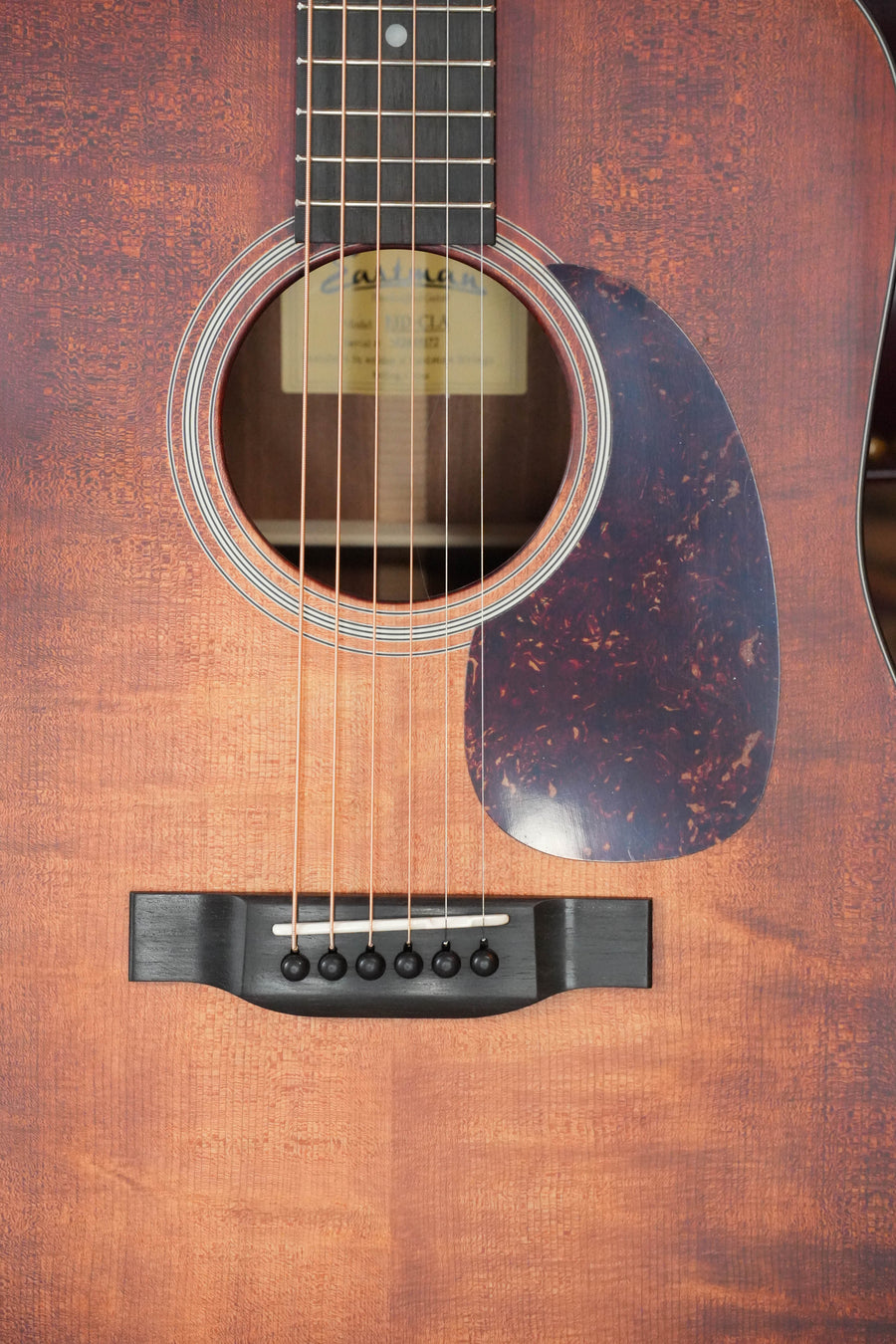 Close-up of an Eastman E1D-CLA Classic Finish Dreadnought Acoustic Guitar #1173 by Eastman Guitars, showing its sound hole label, pickguard, strings, black bridge with six pins on a solid Sitka spruce top and wood grain finish.