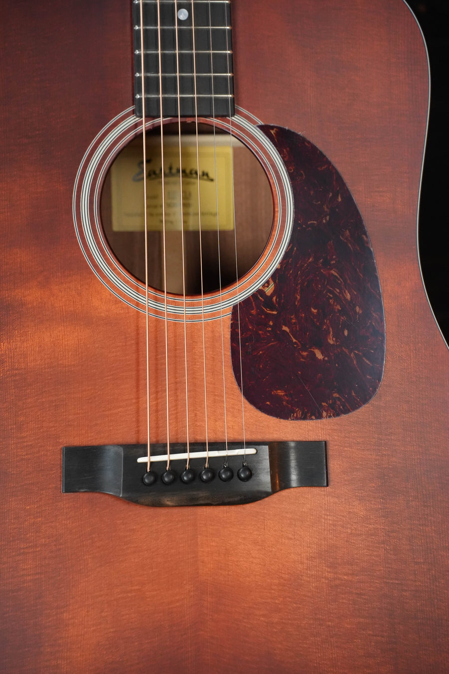 Close-up of the Eastman E1D-CLA Classic Finish Dreadnought Acoustic Guitar by Eastman Guitars, featuring a solid Sitka spruce top, hand-scalloped X-bracing, dark pickguard, wooden bridge, strings, and labeled sound hole.