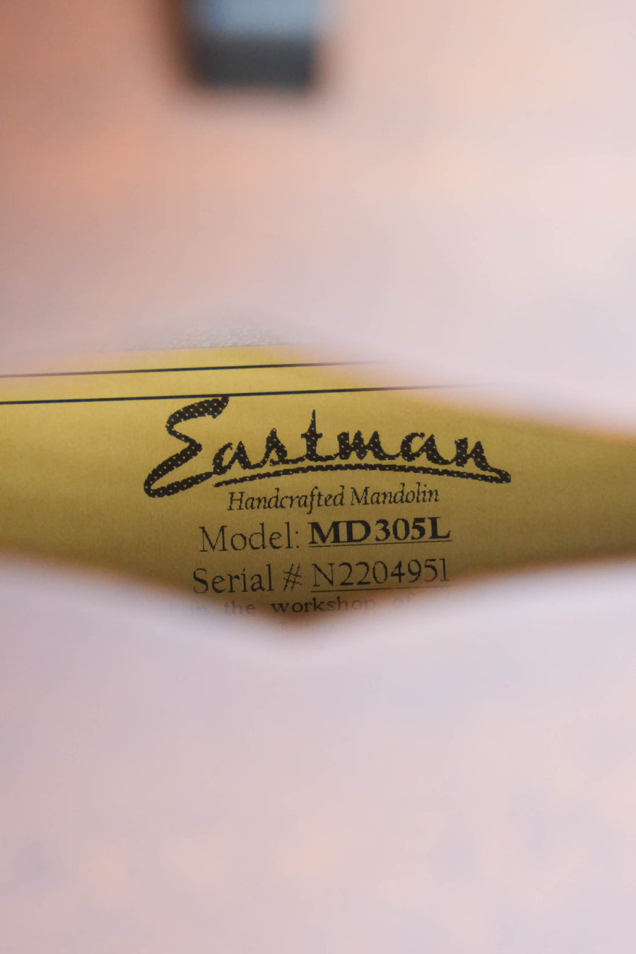 Close-up view through the f-hole of an Eastman Guitars MD305L Left-Handed Spruce/Maple A-Style Hand-Carved Mandolin (#4951), showing a yellow label inside with the product details.