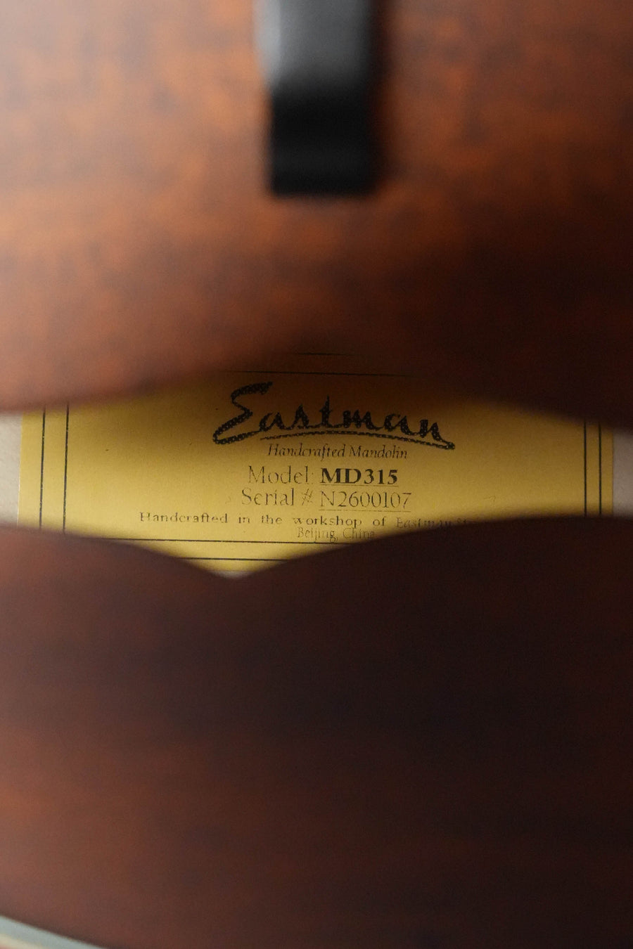 Close-up through the sound hole of an Eastman Guitars MD315 F-Style Hand-Carved Mandolin #0107, showing a label with the model and serial number, crafted for professional tone in Eastman's workshop.