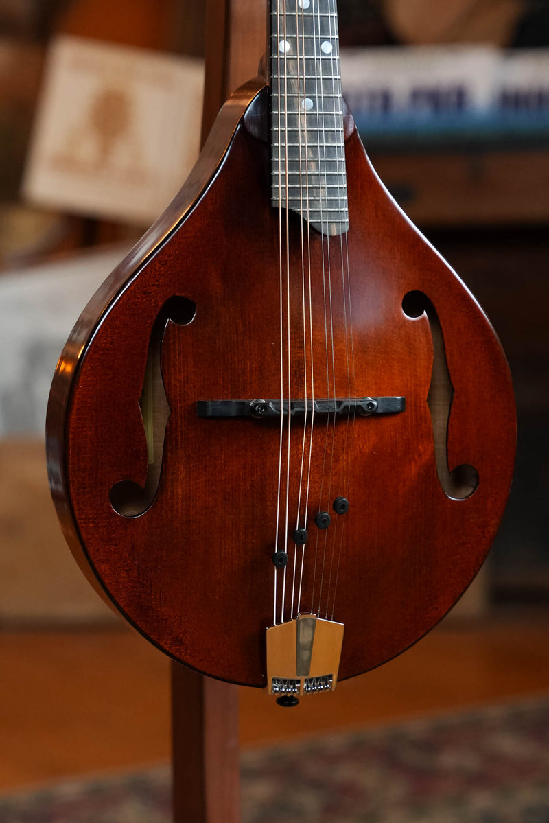 A close-up of the Eastman Guitars Eastman MD505CC/TV Comfort Contour True Tone Vintage Series A Style Mandolin #2859, showing its polished brown finish, f-shaped sound holes, strings, bridge, and neck against a warmly lit blurred background.
