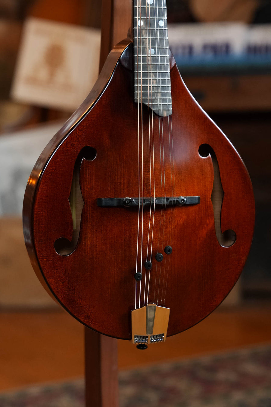 A close-up of the Eastman Guitars Eastman MD505CC/TV Comfort Contour True Tone Vintage Series A Style Mandolin #2859, showing its polished brown finish, f-shaped sound holes, strings, bridge, and neck against a warmly lit blurred background.