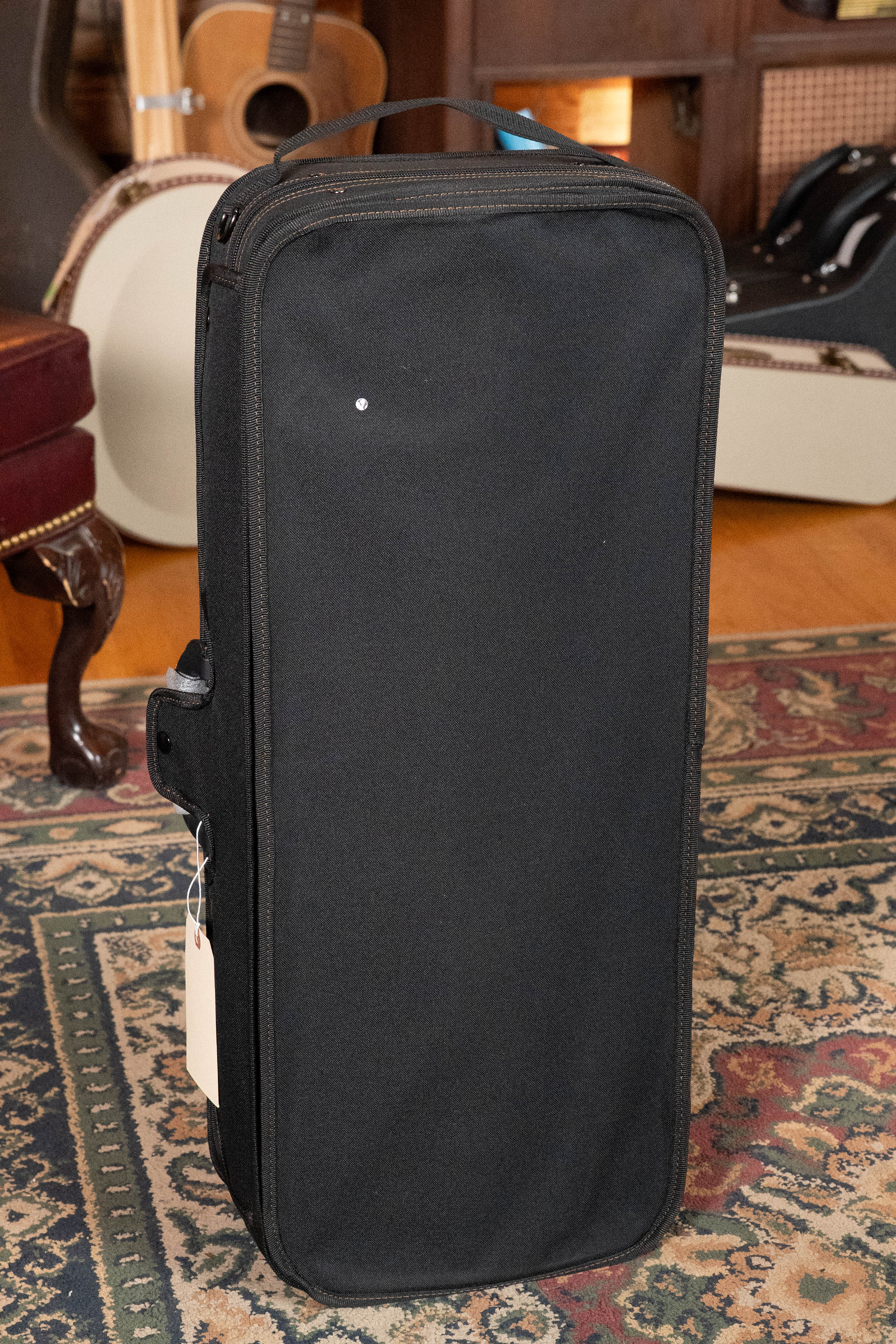 A black rectangular soft instrument case stands upright on a patterned rug, with an Eastman Guitars MD815-SB Adirondack/Flamed Maple Sunburst F-Style Mandolin #3355 and other cases in the background.