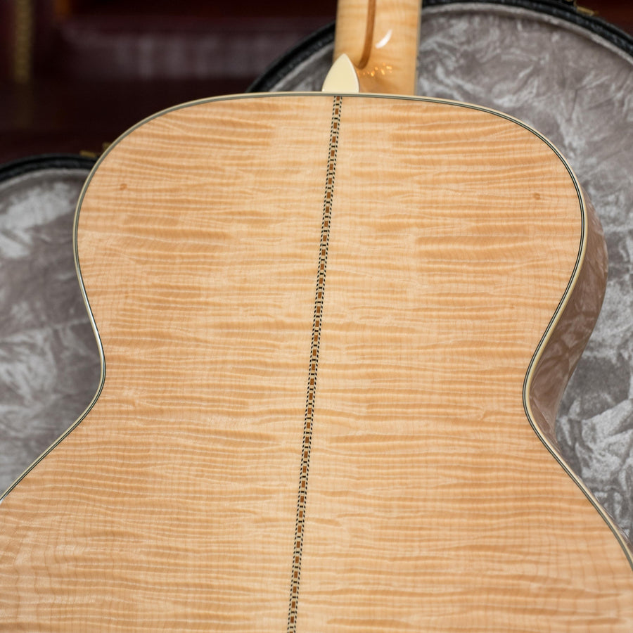 Blonde jumbo acoustic guitar back with flamed maple and decorative center strip in open gray case. - Eastman AC630-BD Engelmann Spruce/Flamed Maple Blonde Jumbo Acoustic Guitar #5381 - Default Title