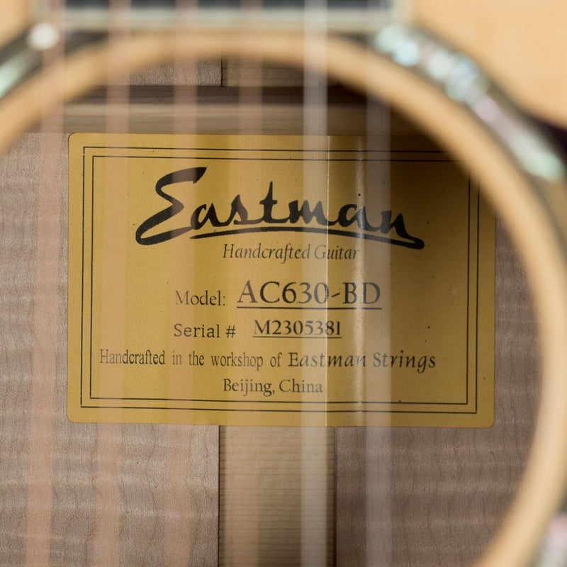 Eastman AC630-BD acoustic guitar label showing Engelmann spruce/flamed maple construction and serial number inside soundhole. - Eastman AC630-BD Engelmann Spruce/Flamed Maple Blonde Jumbo Acoustic Guitar #5381 - Default Title