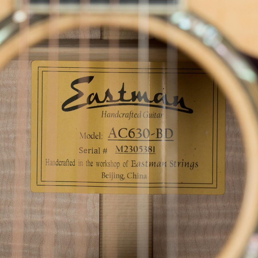 Eastman AC630-BD acoustic guitar label showing Engelmann spruce/flamed maple construction and serial number inside soundhole. - Eastman AC630-BD Engelmann Spruce/Flamed Maple Blonde Jumbo Acoustic Guitar #5381 - Default Title