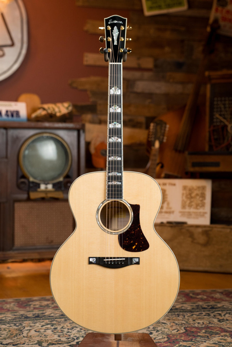 Blonde jumbo acoustic guitar with Engelmann spruce top, flamed maple back and sides, detailed inlay fretboard, and black. - Eastman AC630-BD Engelmann Spruce/Flamed Maple Blonde Jumbo Acoustic Guitar #5381 - Default Title