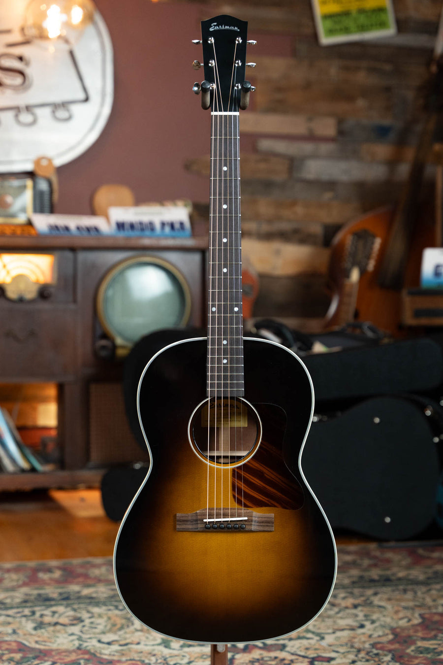Eastman LG-style acoustic guitar with sunburst Sitka spruce top, mahogany back, and slope shoulder body. - Eastman E6-LGSS-TC-SB Thermo-Cured Sitka/Mahogany LG-Style Slope Shoulder Sunburst Acoustic Guitar #9349 - Default Title