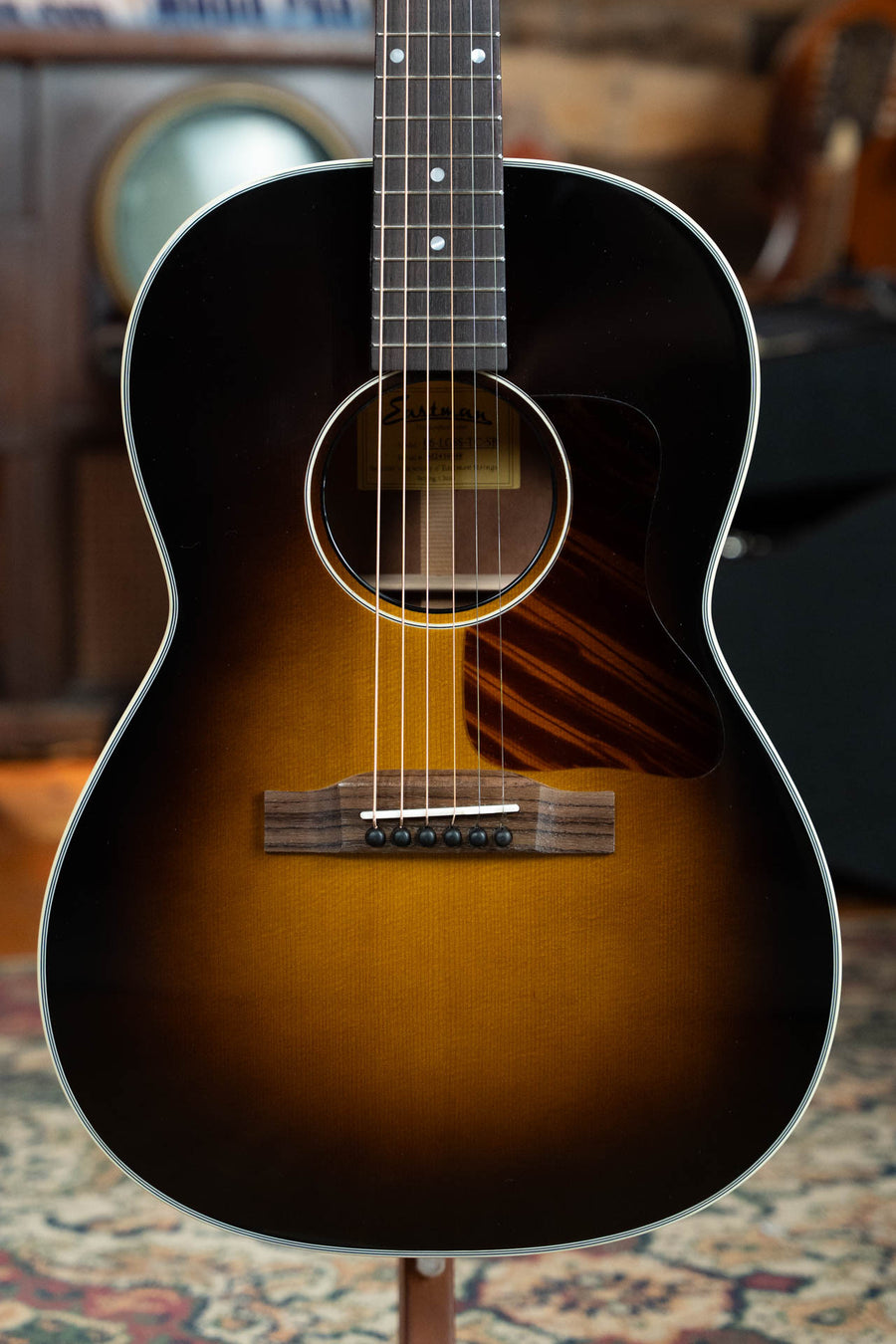 Sunburst acoustic guitar with Sitka top, mahogany body, slope shoulder, and rosewood fretboard. - Eastman E6-LGSS-TC-SB Thermo-Cured Sitka/Mahogany LG-Style Slope Shoulder Sunburst Acoustic Guitar #9349 - Default Title