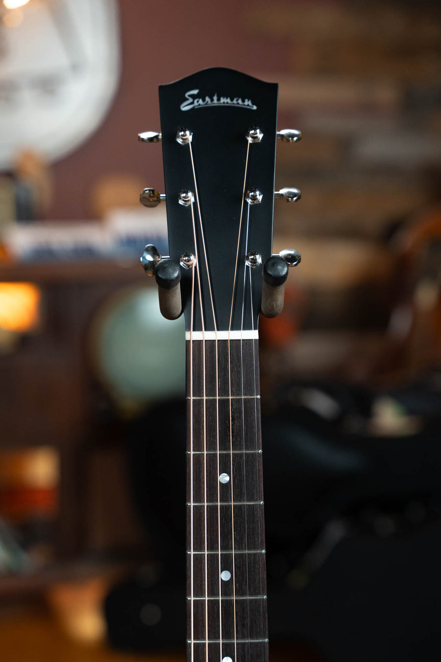 Eastman LG-style slope shoulder acoustic guitar headstock with black finish and silver tuning pegs. - Eastman E6-LGSS-TC-SB Thermo-Cured Sitka/Mahogany LG-Style Slope Shoulder Sunburst Acoustic Guitar #9349 - Default Title