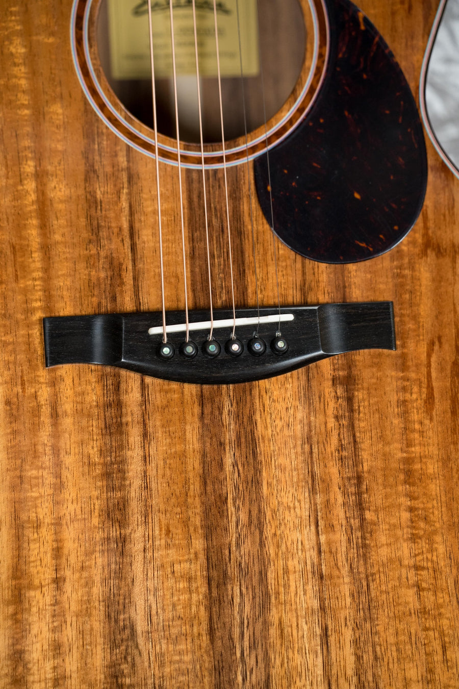 All koa wood acoustic guitar body with dark tortoiseshell pickguard and black bridge with white pins. - Eastman L-OOSS-LTD-KOA Limited Edition Luthier Series All Koa Acoustic Guitar #6343 - Default Title