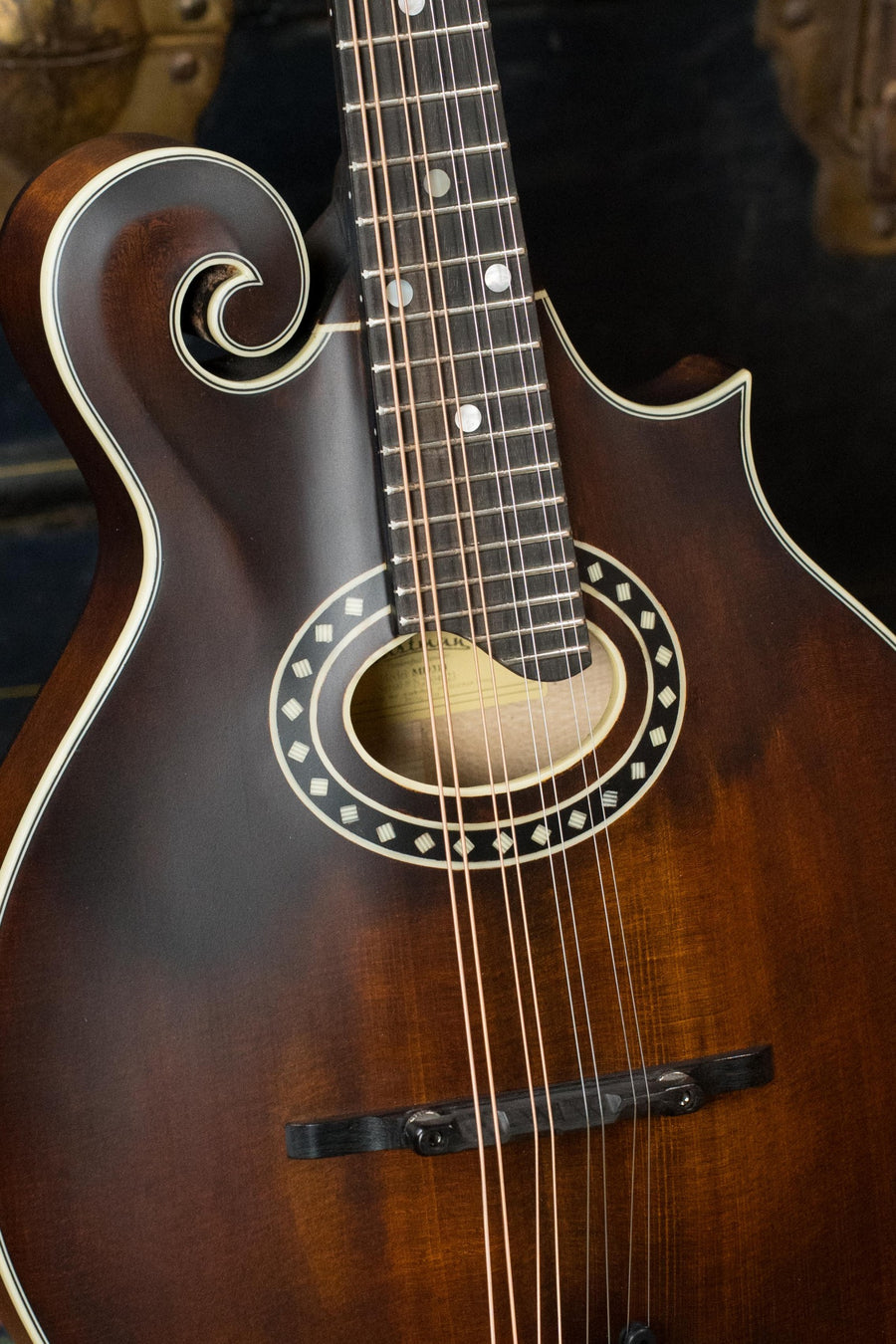 Close-up of the Eastman Guitars MD314 F-Style Oval Hole Mandolin #4823, highlighting its solid spruce top, ornate scroll, decorative rosette, strings, and neck against a dark, softly blurred background.