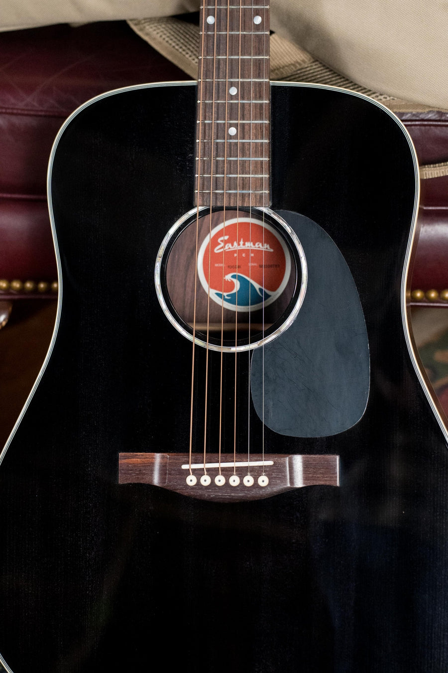 Black dreadnought acoustic guitar with rosewood fretboard and white bridge pins. - Eastman PCH2-D-BK Solid Sitka/Laminated Rosewood Black Top Dreadnought Acoustic Guitar #9783 - Default Title