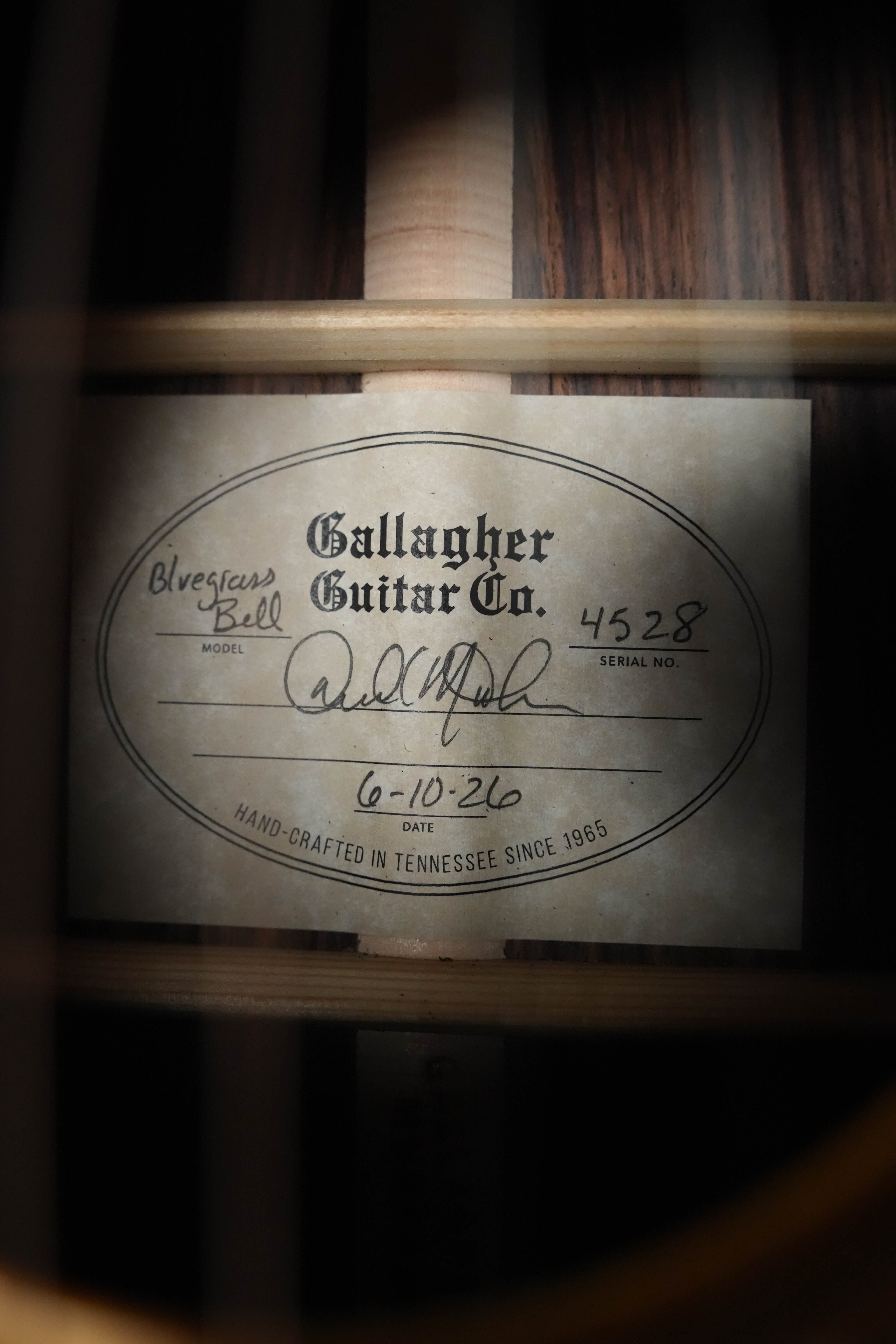 Gallagher The Bluegrass Bell Torrefied Adirondack/Rosewood Light Amber Finish Dreadnought Acoustic Guitar #4528