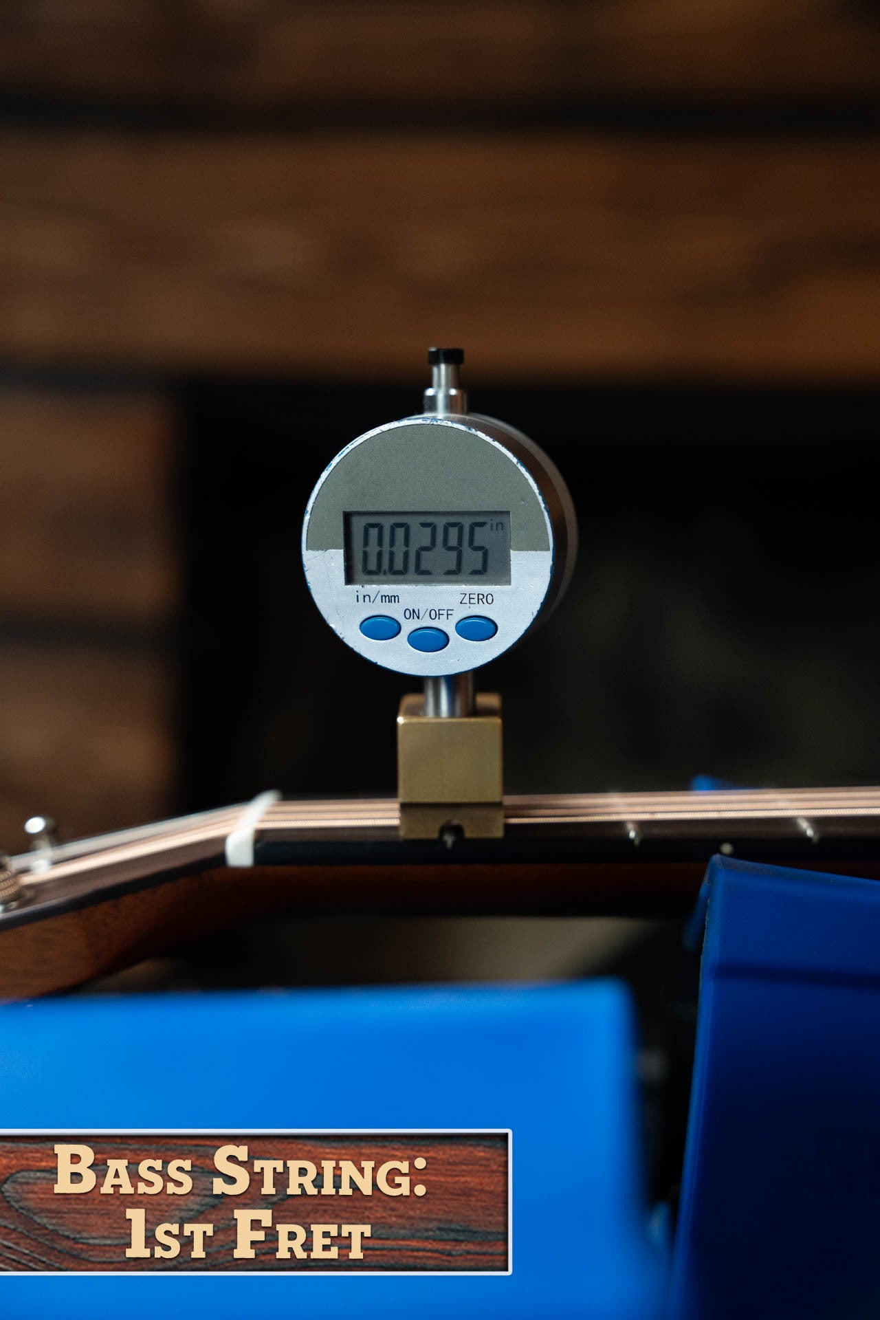 A digital gauge measures the height above the 1st fret of a Gallagher Guitar Co. The Bluegrass Bell Torrefied Adirondack/Rosewood Dreadnought (#4408), showing 0.295 mm with “Bass String: 1st Fret” over a wood-grain background.