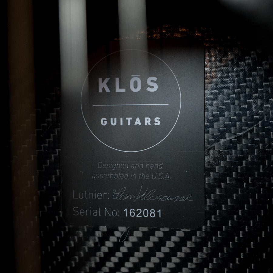 Black carbon fiber guitar label with white text showing KLOS Guitars logo and serial number 162081. - KLOS X_GC_DAE Full Carbon Grand Cutaway Guitar w/LR Baggs Pickup #2081 - Default Title