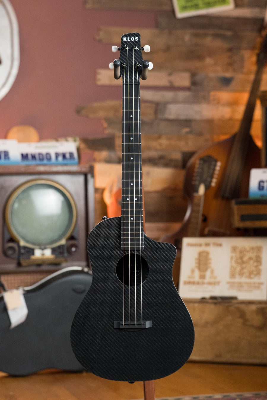 Matte black carbon fiber baritone ukulele with cutaway body and silver tuning pegs. - KLOS X_U_BAR_DA All Carbon Baritone Ukulele #2393 - Default Title