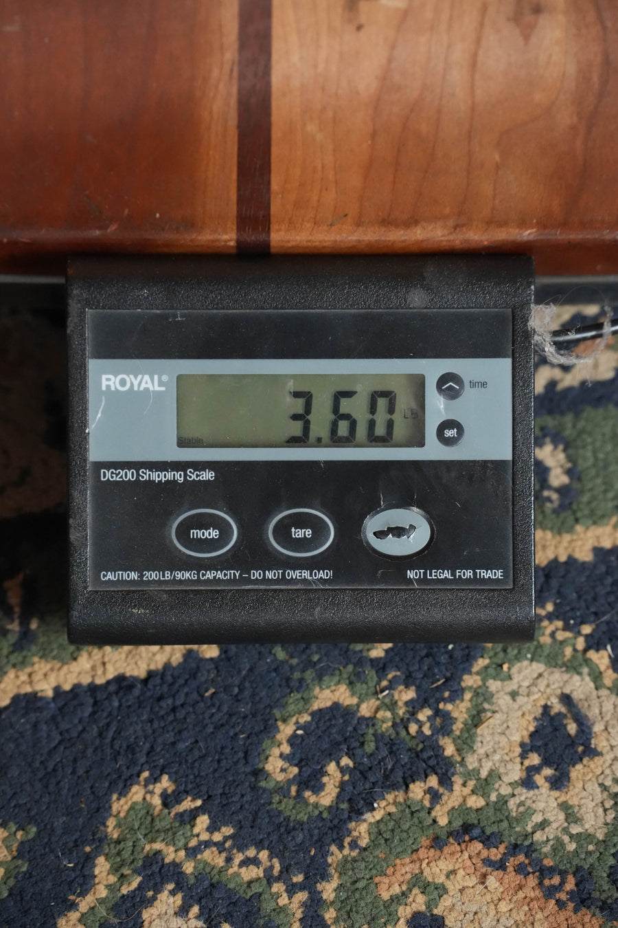 KR Strings Octolindo F Model Artist Octave Mandolin on a Royal DG200 shipping scale showing 3.60 pounds.