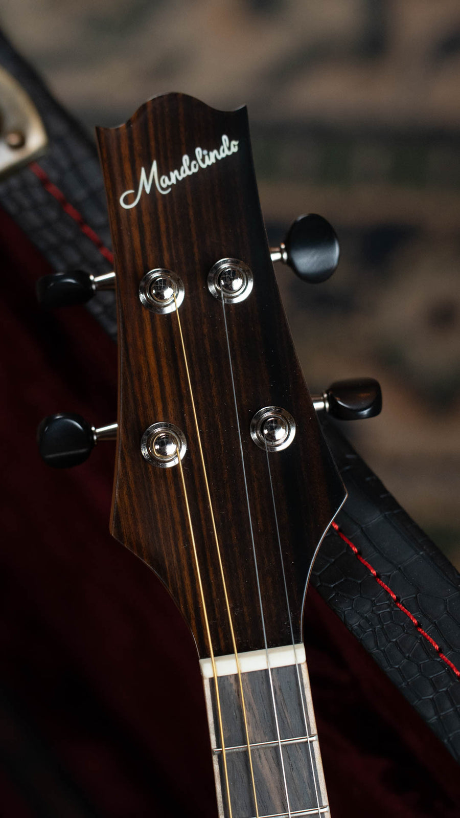 Rosewood mandolindo headstock with chrome tuning pegs and white "Montando" logo, partial fretboard visible. - KR Strings Artist Spruce/Rosewood Acoustic Mandolindo #0002 - Default Title