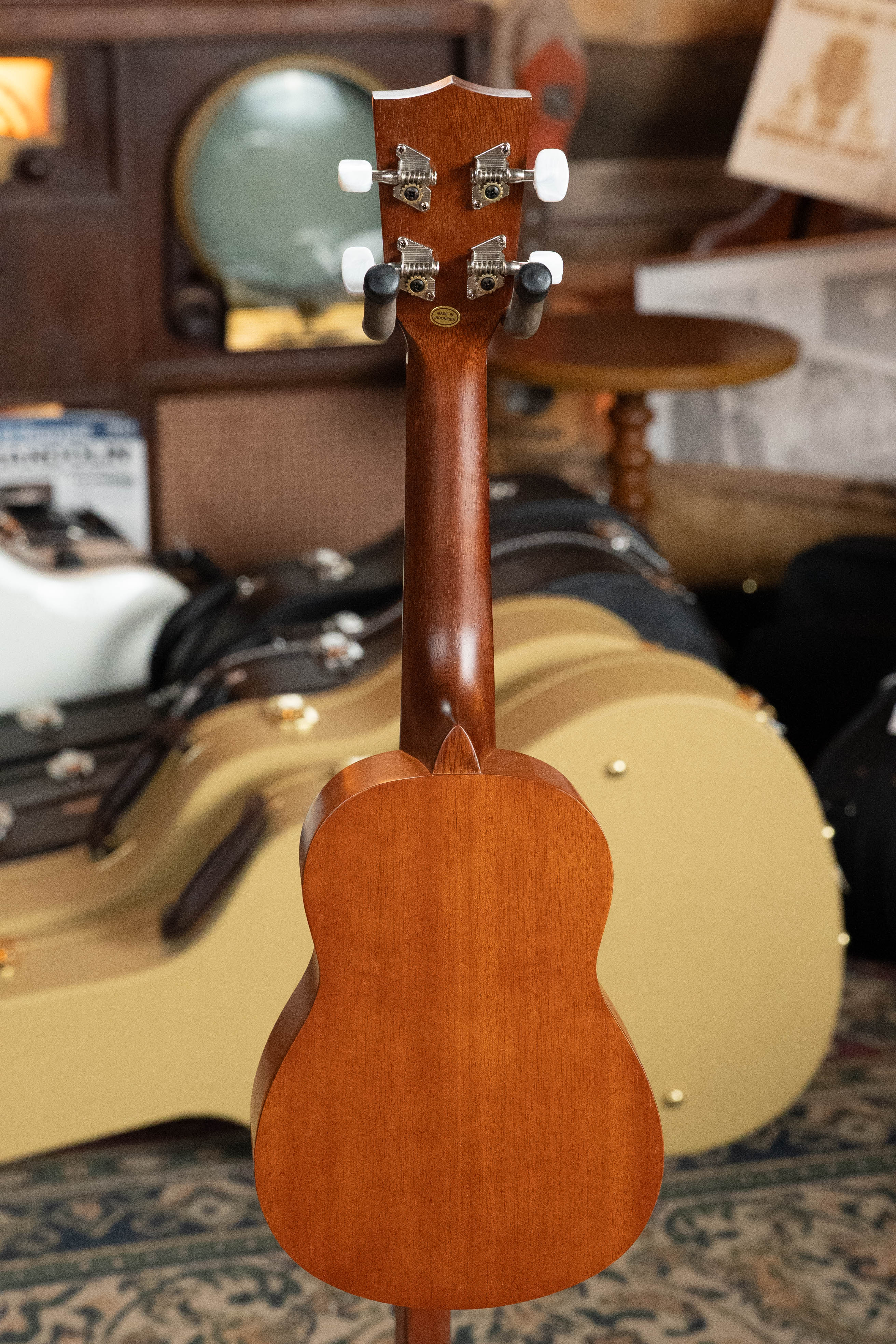 Satin mahogany soprano ukulele back with smooth wood grain and chrome tuning pegs. - Kala KA-15S Satin Mahogany Soprano Ukulele - Default Title