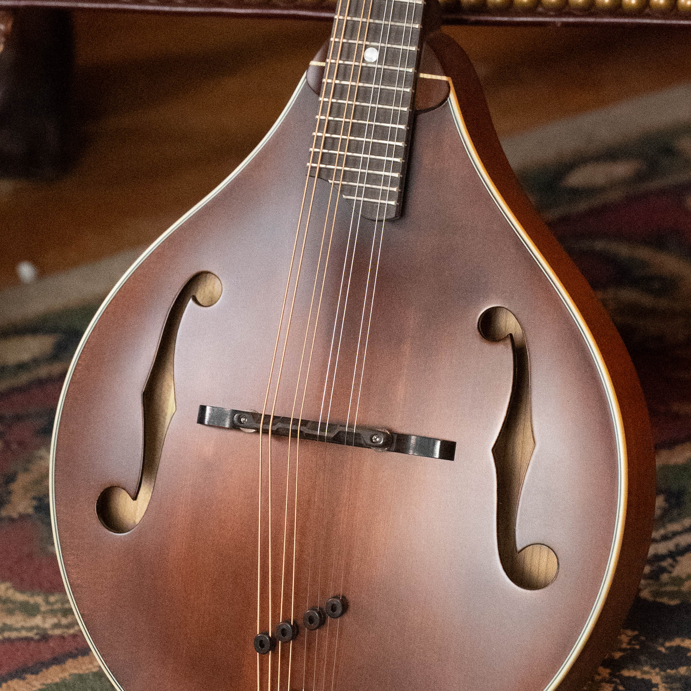 A close-up of the Eastman Guitars MD305 Spruce/Maple A-Style Hand-Carved Mandolin #3317 shows its f-shaped sound holes, solid spruce top, strings, and part of the fretboard as it rests on a patterned rug.