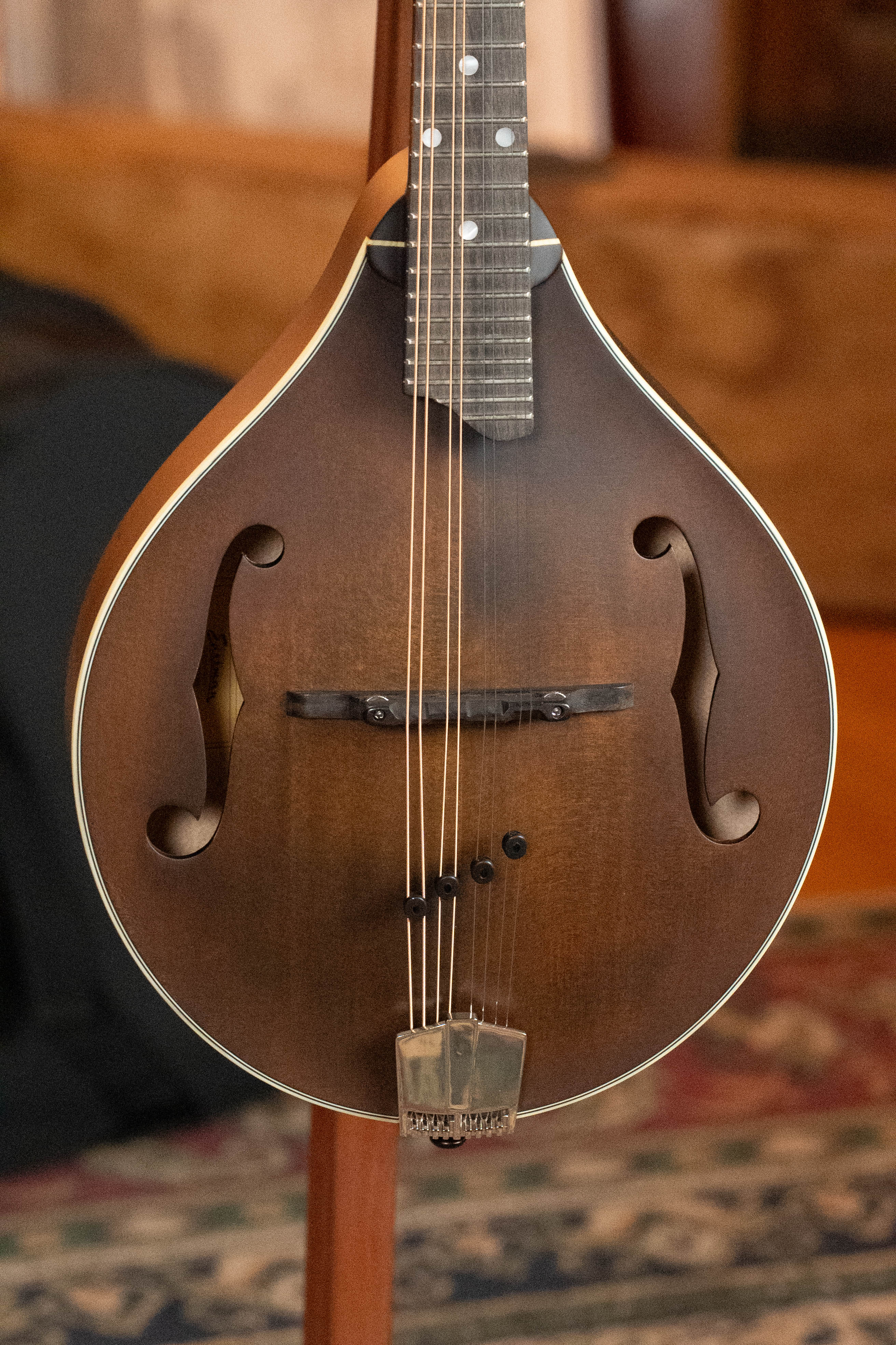 The Eastman Guitars MD305 Spruce/Maple A-Style Hand-Carved Mandolin #3596 with brown sunburst finish, f-holes, solid spruce top, dark bridge, and metal tailpiece stands upright on a patterned rug.