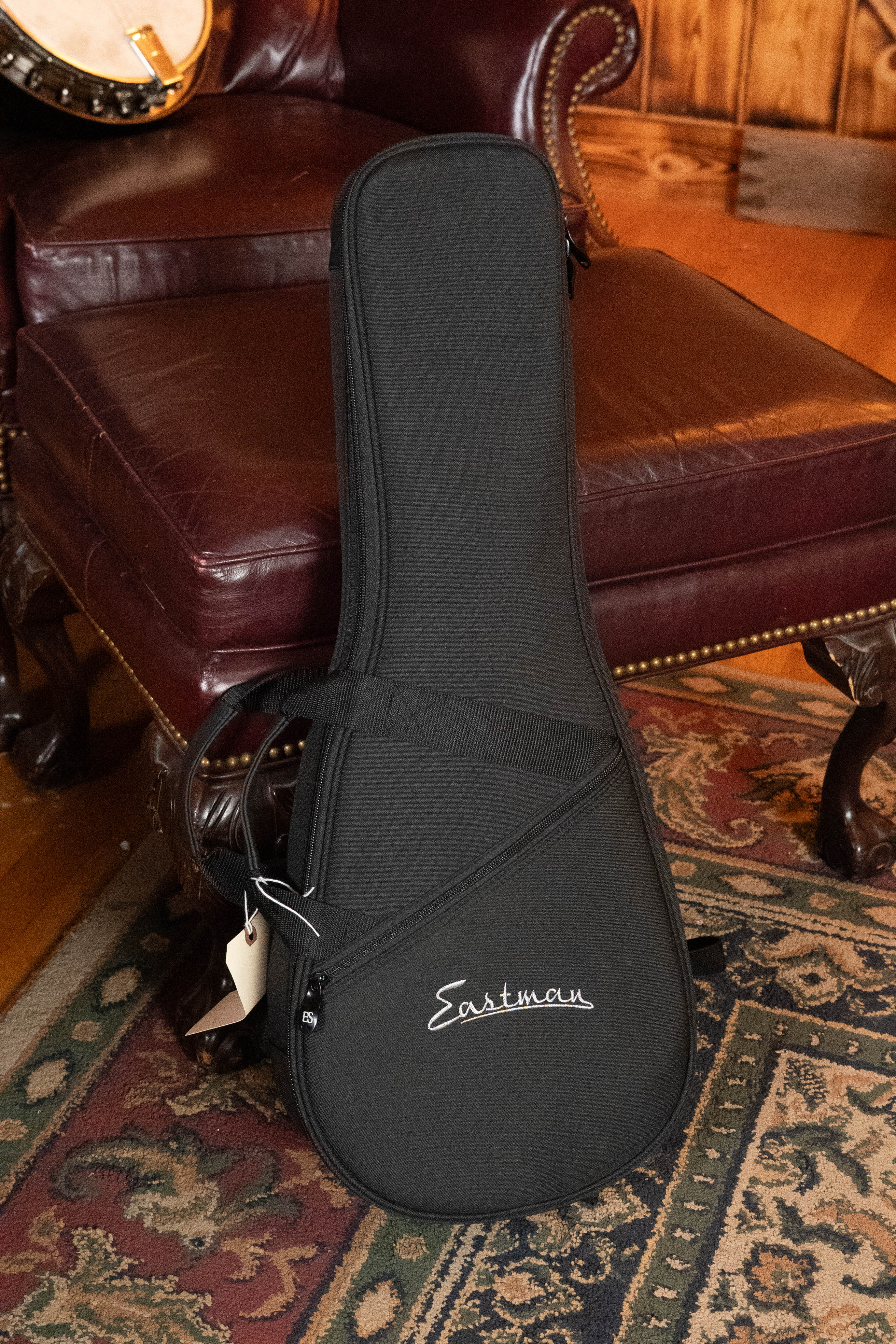 An Eastman Guitars MD315 F-Style Hand-Carved Mandolin (#0917) rests with its black Eastman instrument case (shoulder strap included) beside a red leather chair on a patterned rug, set against a wooden wall.