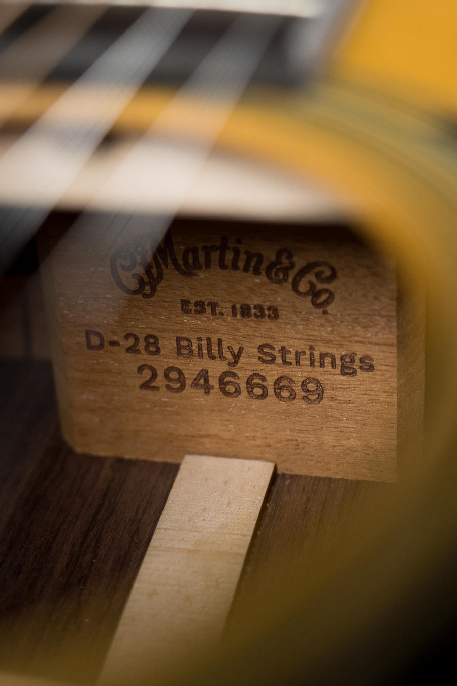 Close-up of Martin D-28 Billy Strings acoustic guitar label inside spruce top and rosewood body. - Martin D-28 Billy Strings Model Spruce/Rosewood Dreadnought Acoustic Guitar #6669 - Default Title