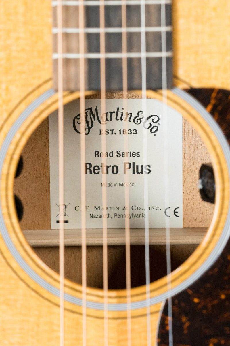 Martin OOOE Retro Plus: interior view through the soundhole showing the Road Series manufacturer label.
