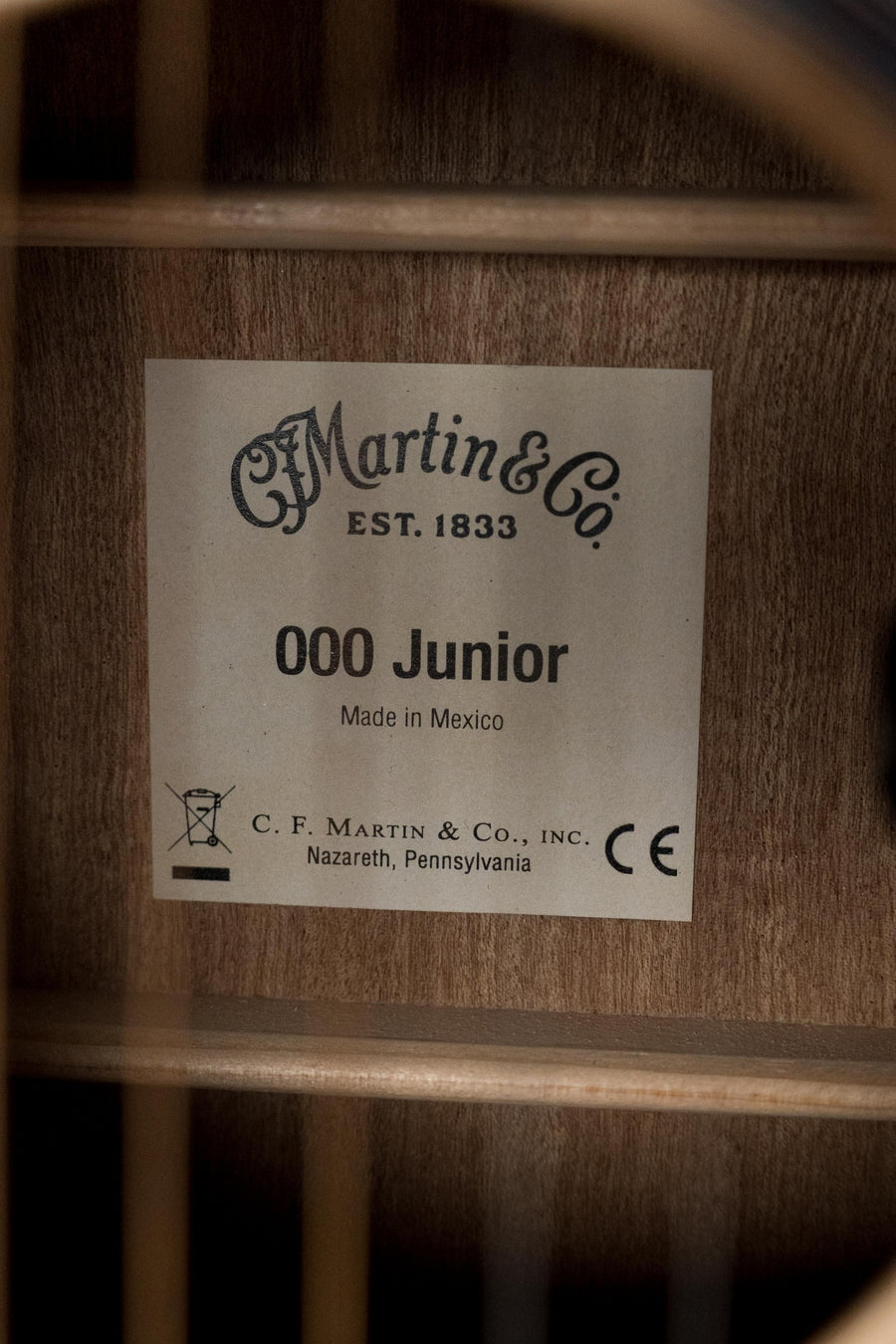 Close-up of the Martin & Co label inside a Martin OOO Junior guitar with CE and serial number visible. - Martin OOO Jr CE Spruce/Sapele OOO Cutaway Guitar w/Martin Electronics #4756 - Default Title
