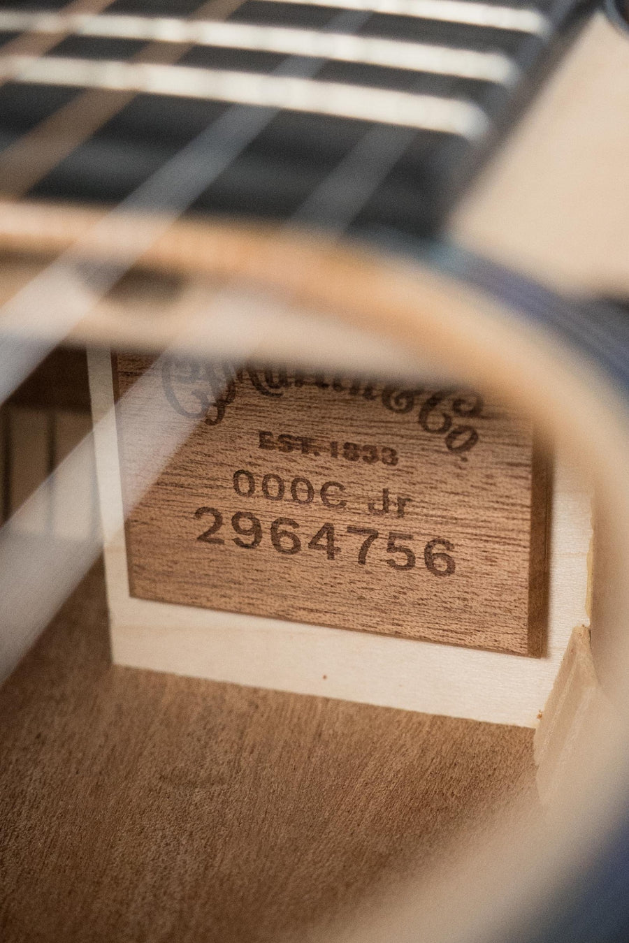 Close-up of Martin OOO Jr CE guitar interior label showing serial number 2964756 on natural wood body. - Martin OOO Jr CE Spruce/Sapele OOO Cutaway Guitar w/Martin Electronics #4756 - Default Title