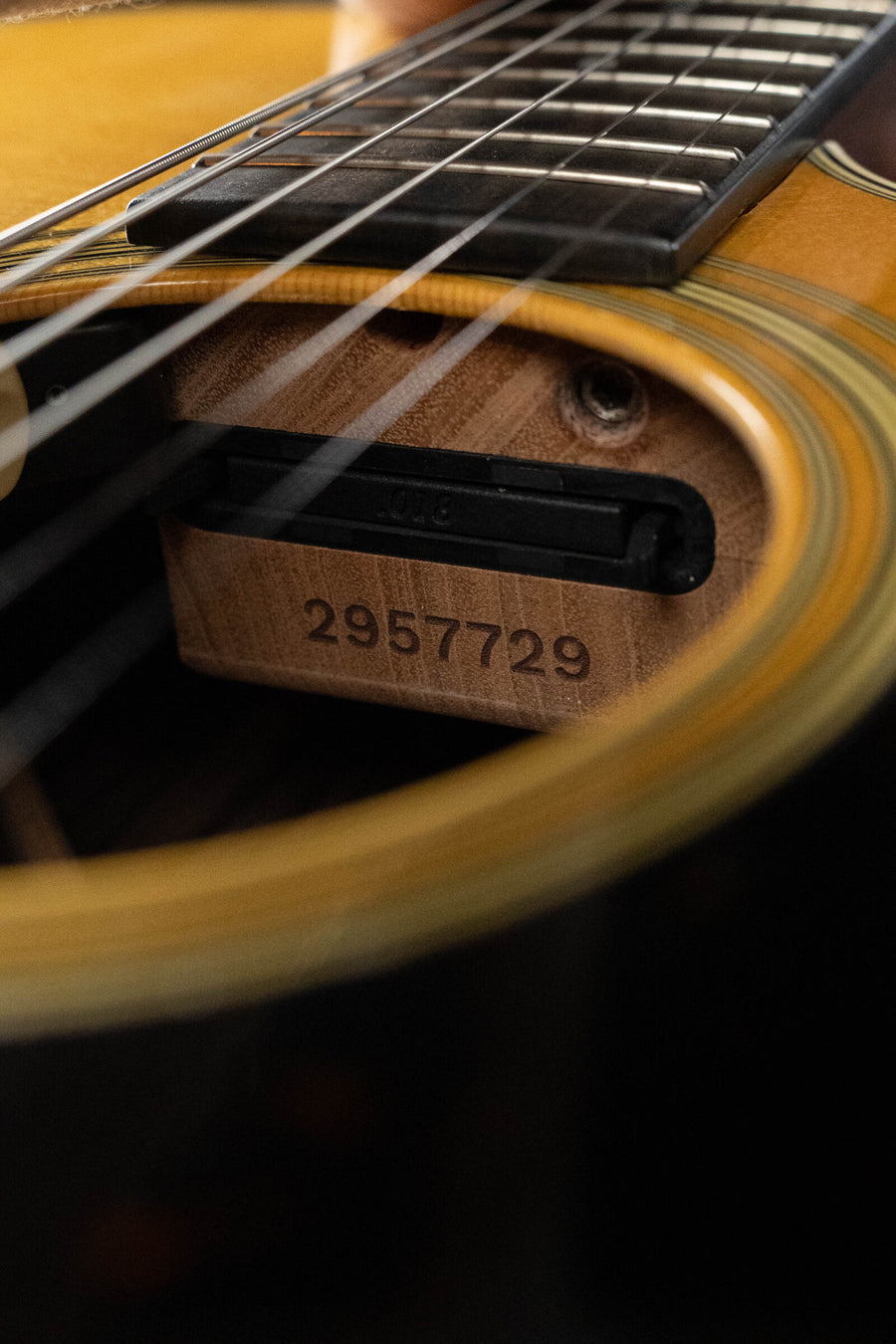 Close-up of a Martin & Co. SC-28E Spruce/Indian Rosewood S Body Cutaway Guitar w/Fishman Electronics (#7729), highlighting the sound hole and strings with its Indian rosewood body visible.