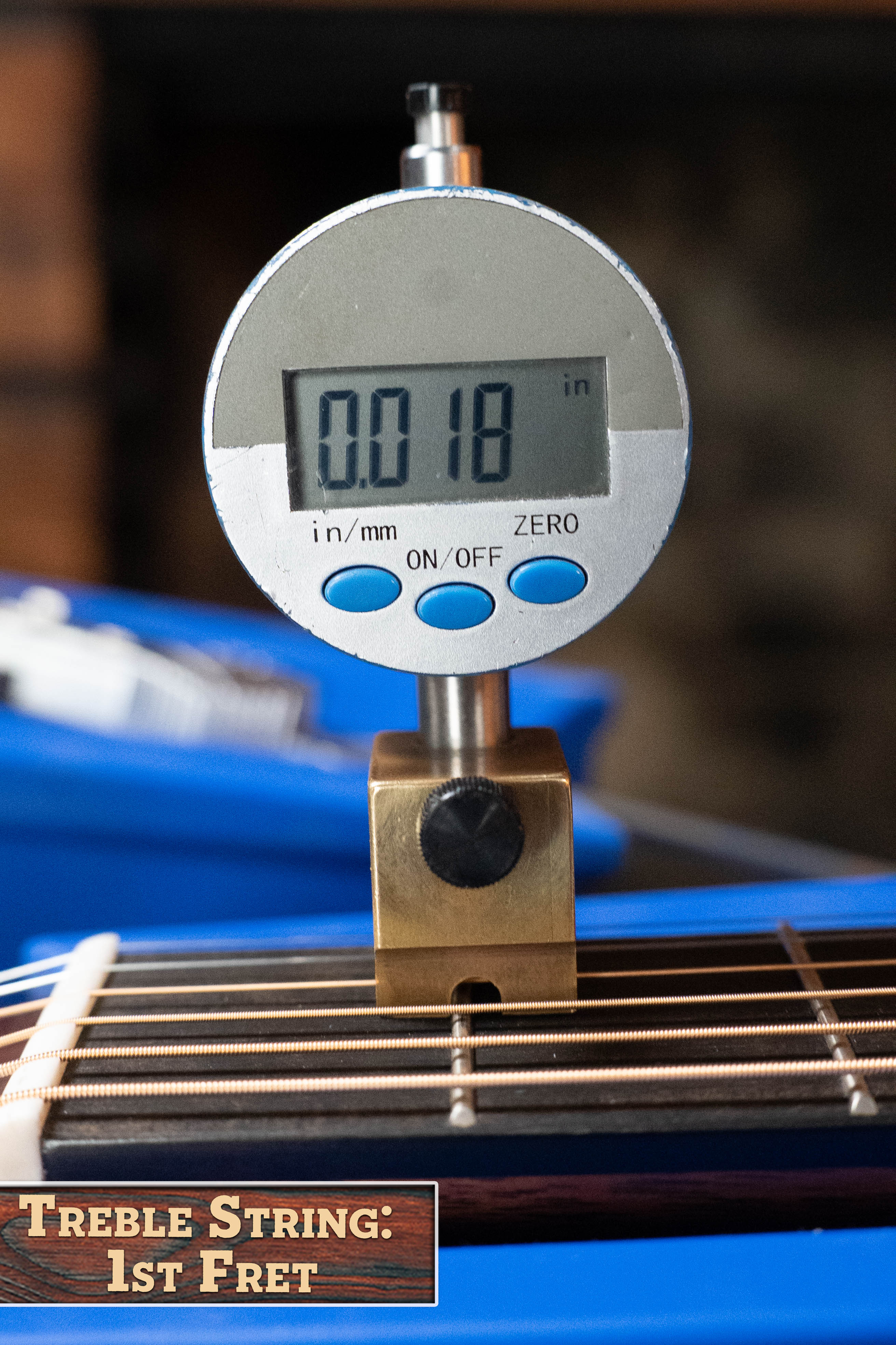 A digital gauge reads 0.018 inches when measuring the gap above a *New 2025 Model* Martin & Co. D-18 1933 Gloss Ambertone Spruce/Mahogany Dreadnought #6784’s treble string at the first fret, labeled: Treble String: 1st Fret.