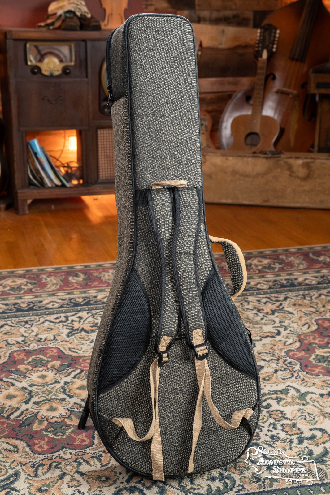 The Ortega OSOCABJ-MO Banjo Soft Case in Mocca stands upright on a patterned rug in a cozy room with wooden furniture and musical instruments in the background.