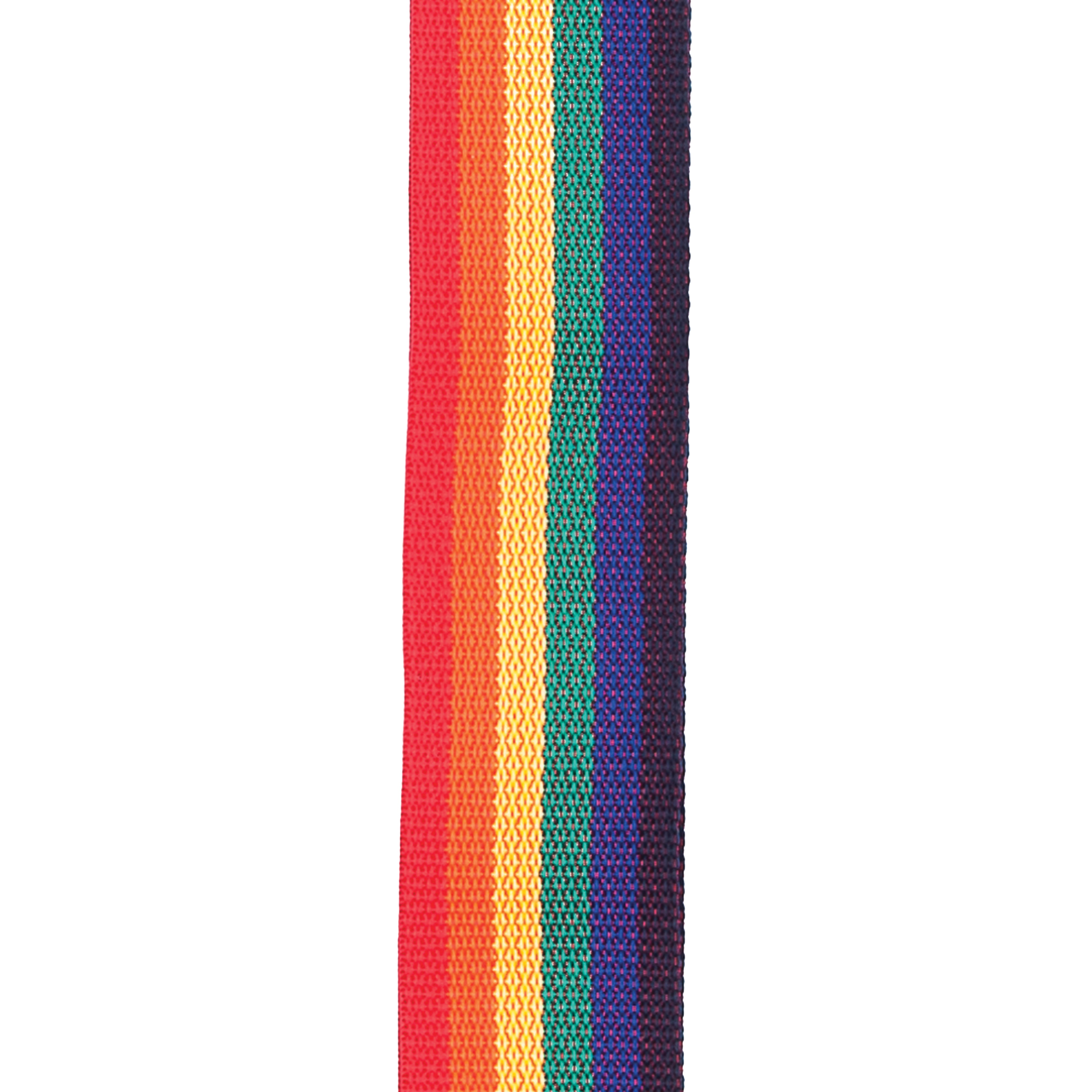 The DAddario Polypropylene Guitar Strap, Rainbow features parallel stripes in rainbow flag colors on a durable strap.