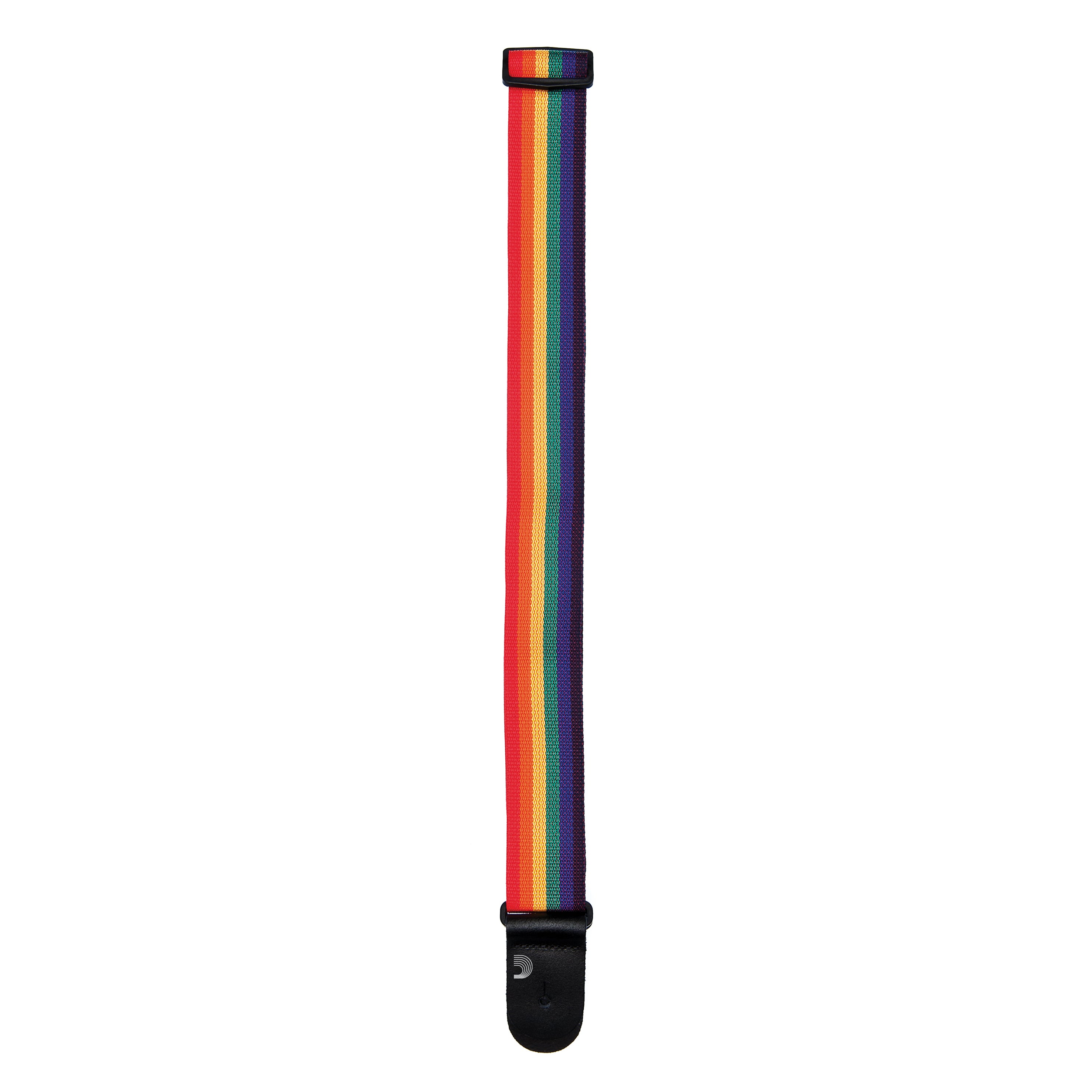 The DAddario Polypropylene Guitar Strap, Rainbow, features durable construction with vertical rainbow stripes and black leather ends for secure guitar attachment.