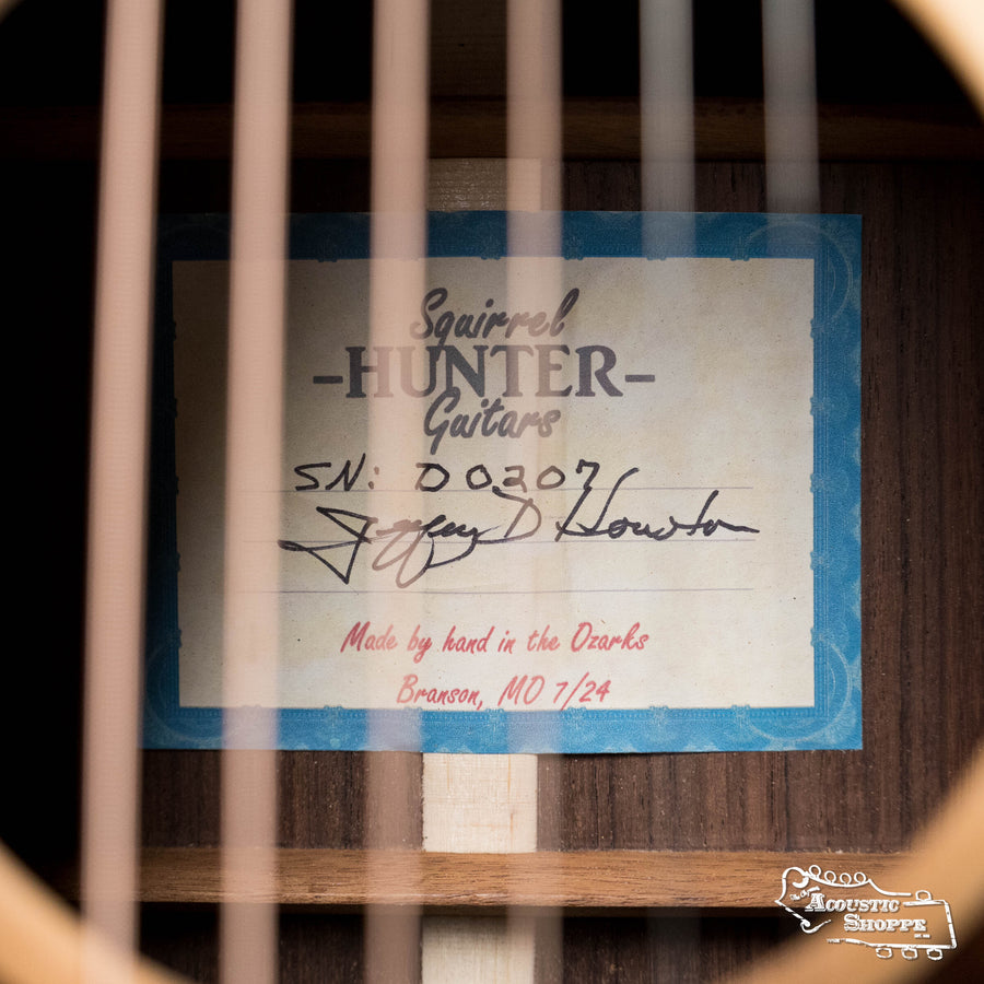 Close-up of Squirrel Hunter guitar label inside rosewood body with handwritten serial number and signature visible through. - Squirrel Hunter Rosewood Dreadnought Sitka Spruce/ East Indian Rosewood- Local Luthier Showcase - Default Title