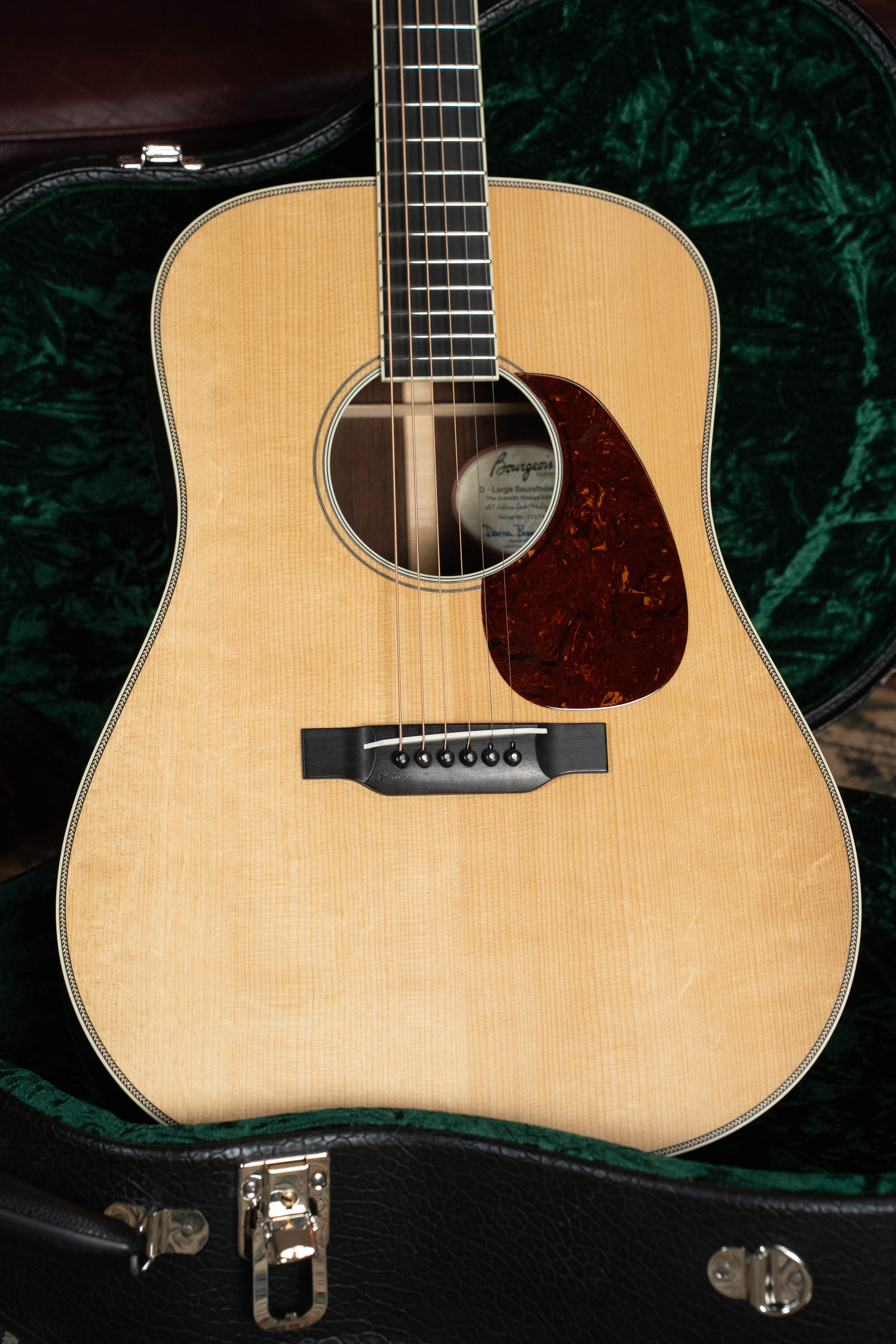 A close-up of the Bourgeois *Pre-Order 25% Deposit ONLY* TAS LSH Professional Series Satin Dreadnought Guitar in a natural wood finish, set in an open green velvet-lined case, featuring a dark tortoiseshell pickguard and six strings.