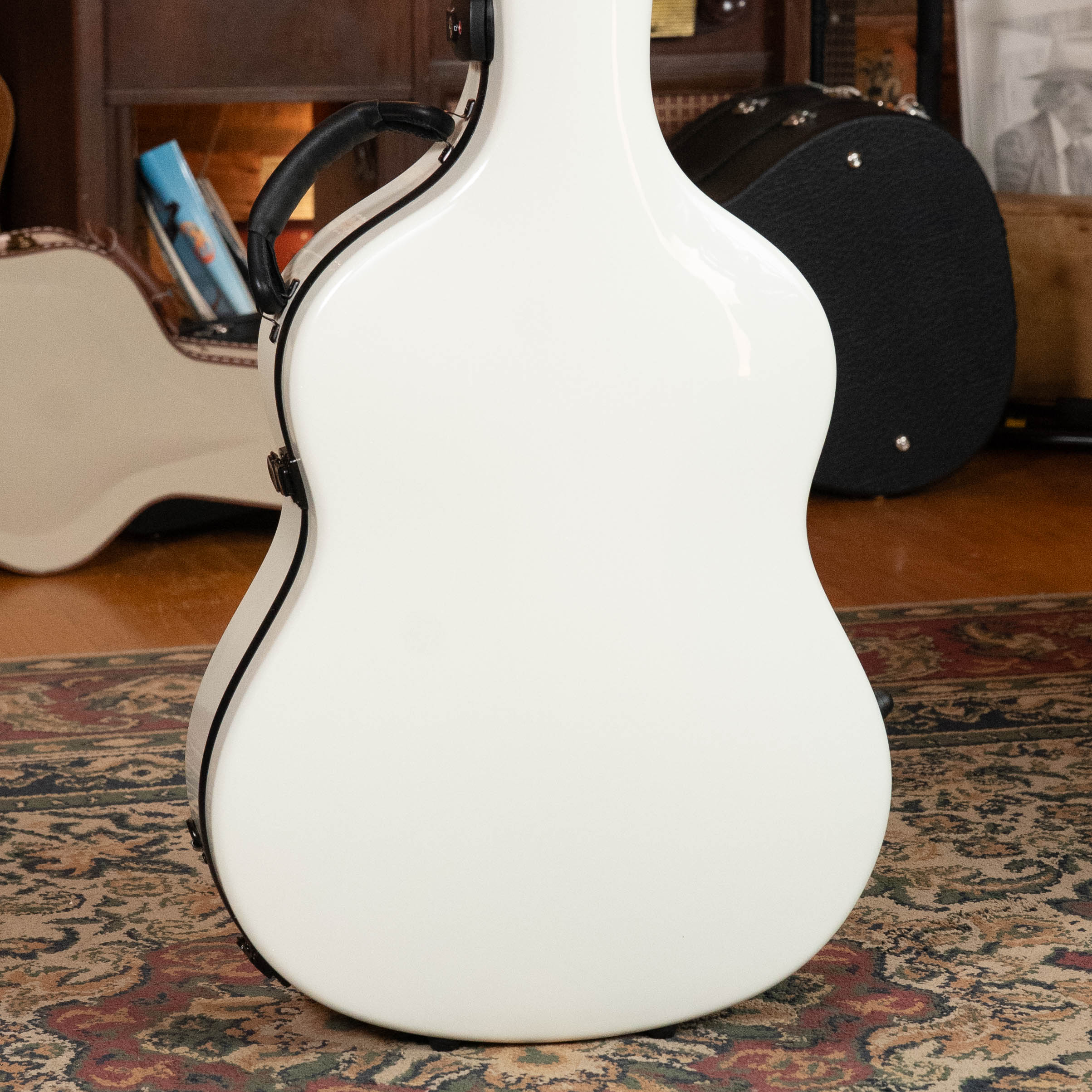 A TKL Voyager Universal Pearl Glacier/Blue Carbon Fiber Dreadnought Case stands upright on a patterned rug, with other instrument cases and wooden furniture in the background.