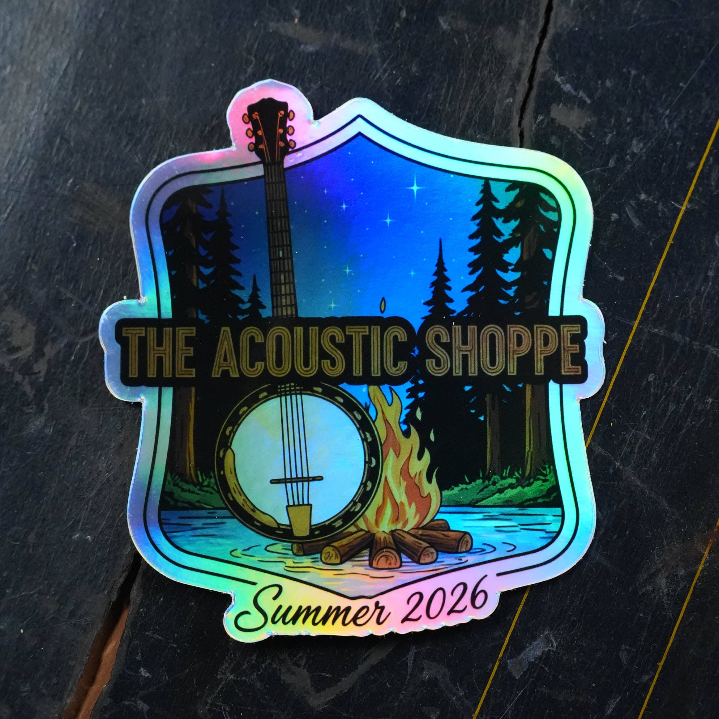 The Acoustic Shoppe Summer 2026 Banjo Campfire Holographic Sticker