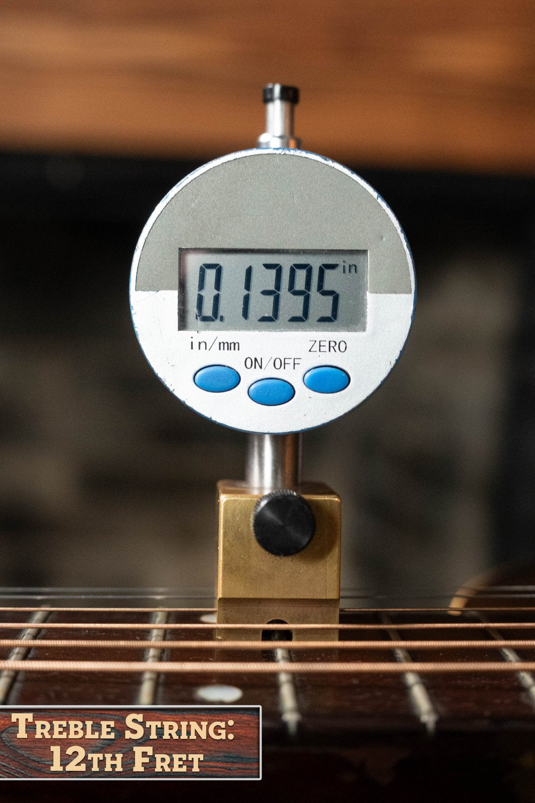A digital thickness gauge reads 0.1395 inches, showing the treble string height at the 12th fret on a (Used) 1933 Gibson LOO Adirondack/Mahogany OO Tobacco Sunburst Acoustic Guitar #550.