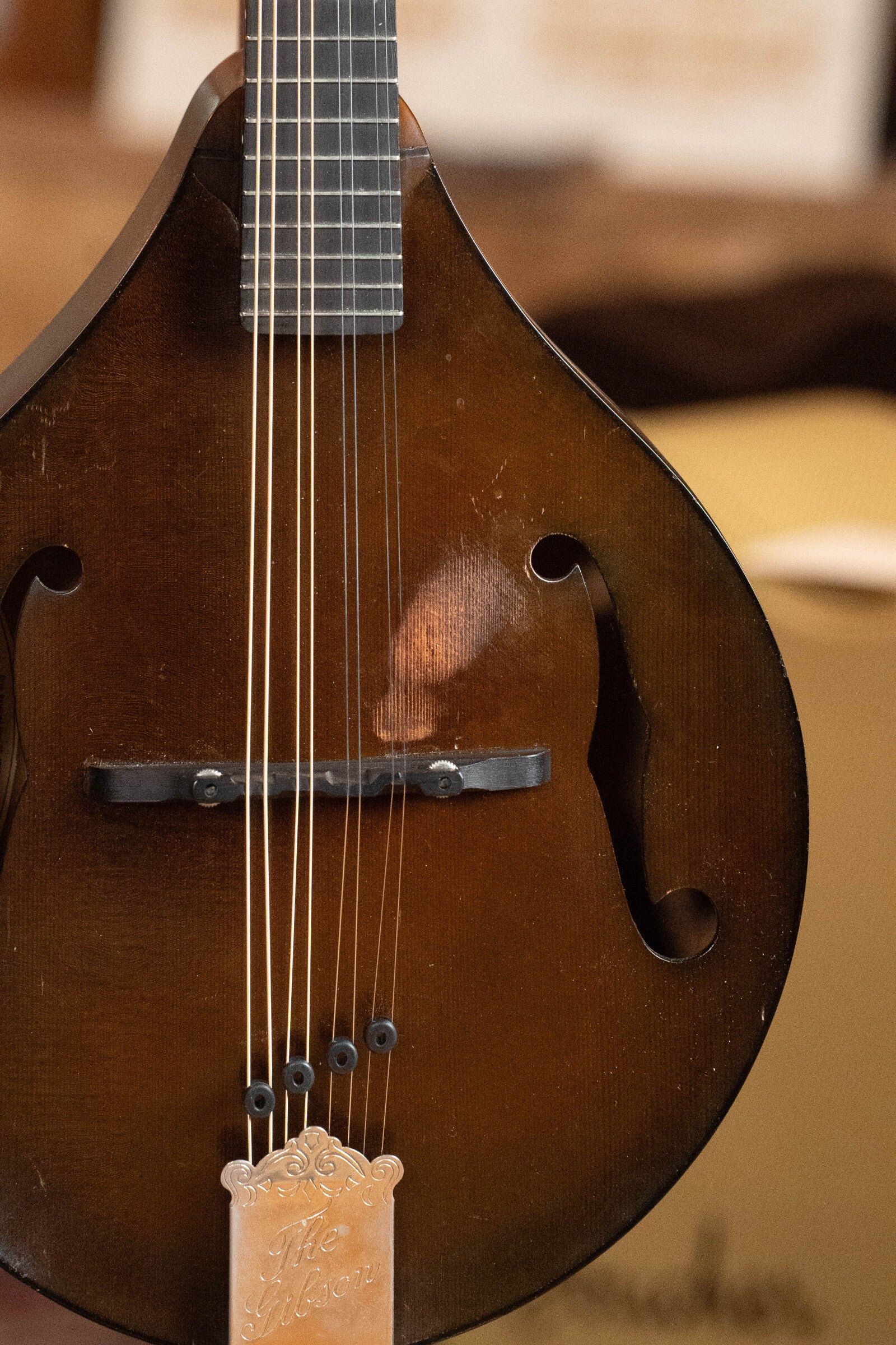 A close-up of a (Used) 2003 Gibson Mastermodel A9 Spruce/Maple Mandolin #7040 features its strings, f-shaped sound holes, wooden body, and The Gibson metal tailpiece—ideal for bluegrass fans.
