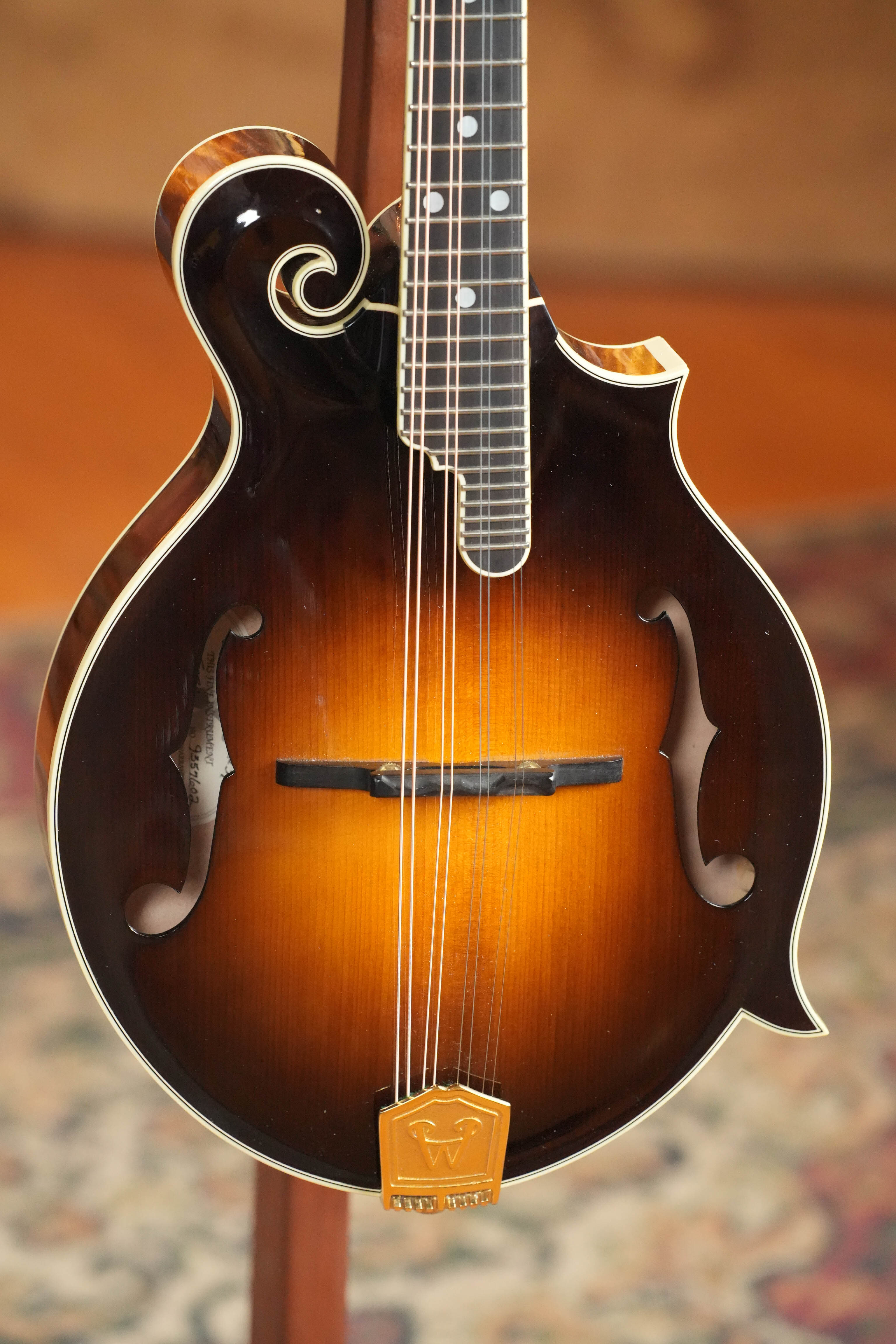 A close-up of a (Used) 2009 Weber Fern Spruce/Maple F-Style Mandolin #7602 featuring a scroll, f-holes, and gold tailpiece by Weber, resting on a stand with a softly blurred background of rug and wooden floor.
