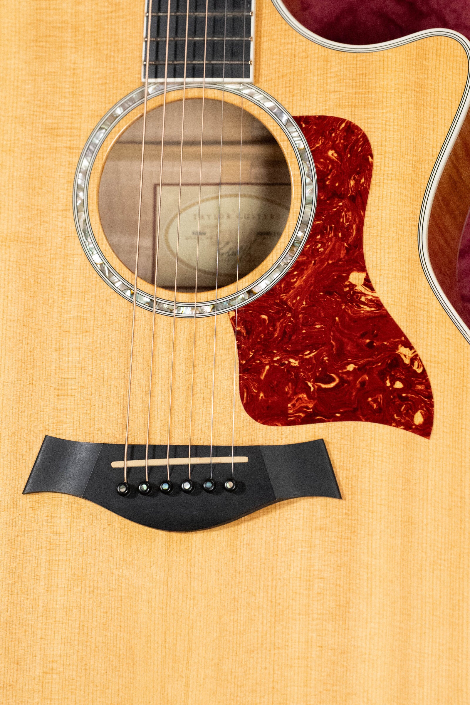 Close-up of a (Used) 2009 Taylor Guitars 614CE Grand Auditorium with torrefied Sitka spruce top, maple back and sides, a red tortoiseshell pickguard, decorative inlay around the sound hole, black bridge with white pins.