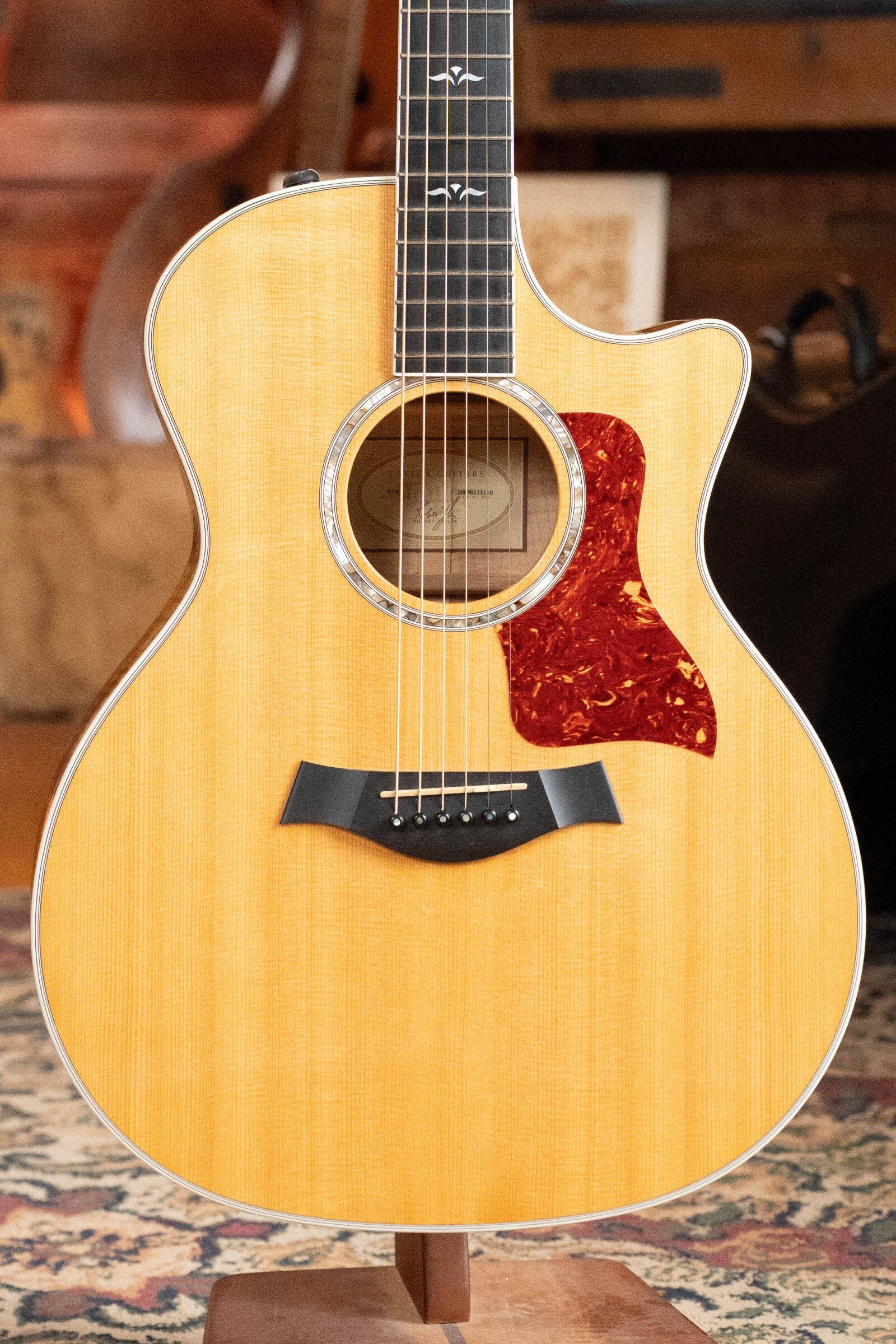 A (Used) 2009 Taylor 614CE Grand Auditorium guitar with a torrefied Sitka spruce top, maple back and sides, pickup, and decorative details stands on a patterned rug.
