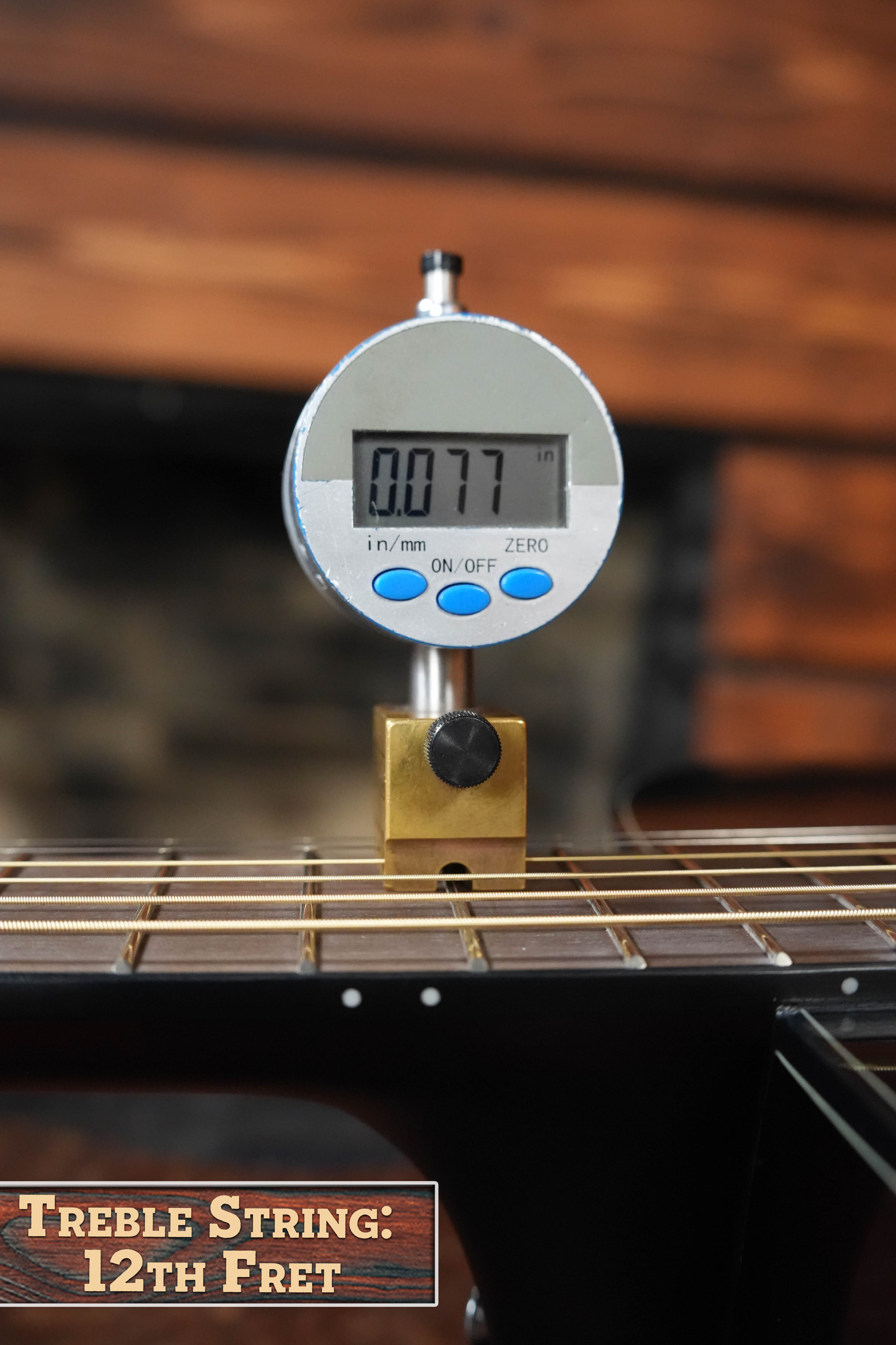 A digital gauge reads 0.077 inches above the treble string at the 12th fret of a Yamaha TAG1E TBL Spruce/Mahogany Transacoustic Dreadnought Guitar #1280. "Treble String: 12th Fret" appears in the bottom left corner.
