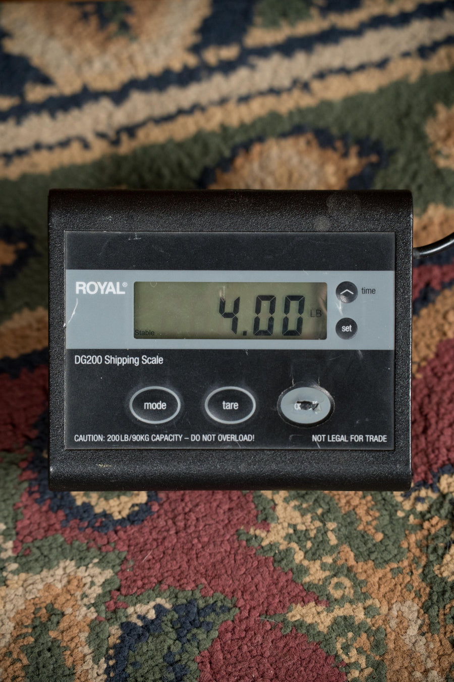 Digital shipping scale displaying 4.00 pounds on a textured carpet background. - Yamaha FS5 GL New GLOSS Red Label Sitka/Mahogany Concert Acoustic Guitar #600A - Default Title