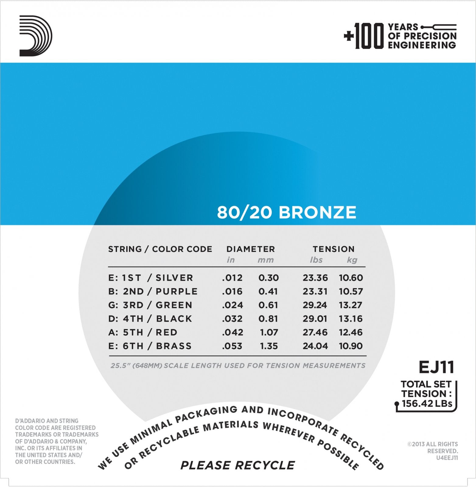 D'Addario EJ11 80/20 Bronze Acoustic Guitar Strings - Light 12-53